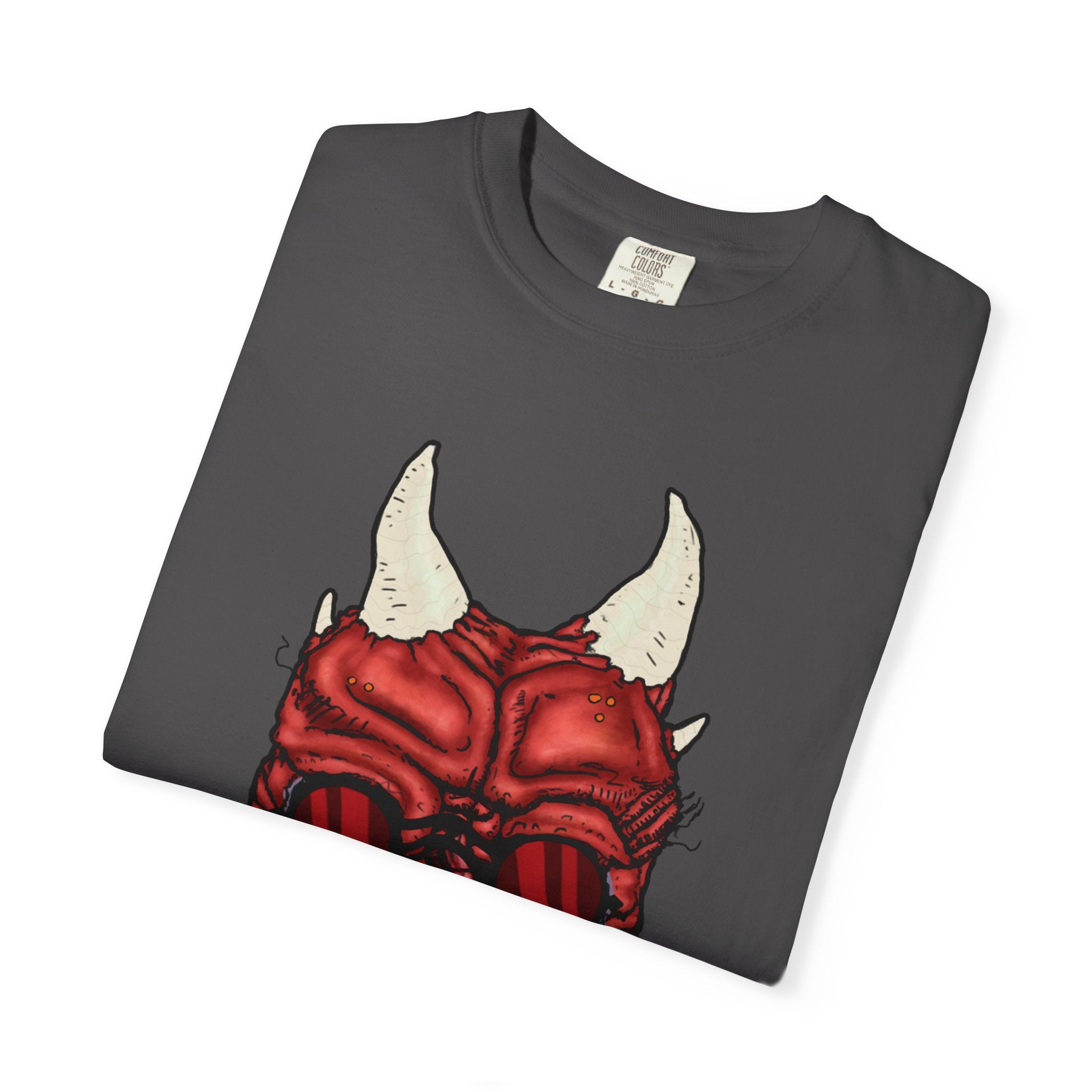 Freaky Features Demon t-shirt, front shows red demon head with horns and glowing eyes, back shows open pizza box being raided by little red devils
