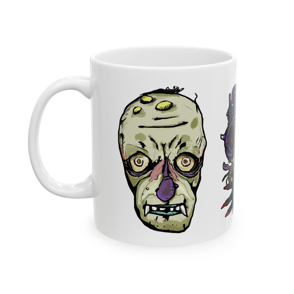 Freaky Features Gremlin Alien Robot mug showing three monster designs: wild-haired gremlin, purple alien swarm, and cybernetic robot skull with exposed brain on white ceramic mug
