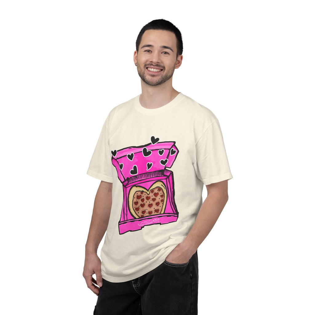 Hand-drawn heart pizza box t-shirt with pink pizza box, heart-shaped pepperoni pizza and floating black hearts on Comfort Color tee from PizzaBytes collection
