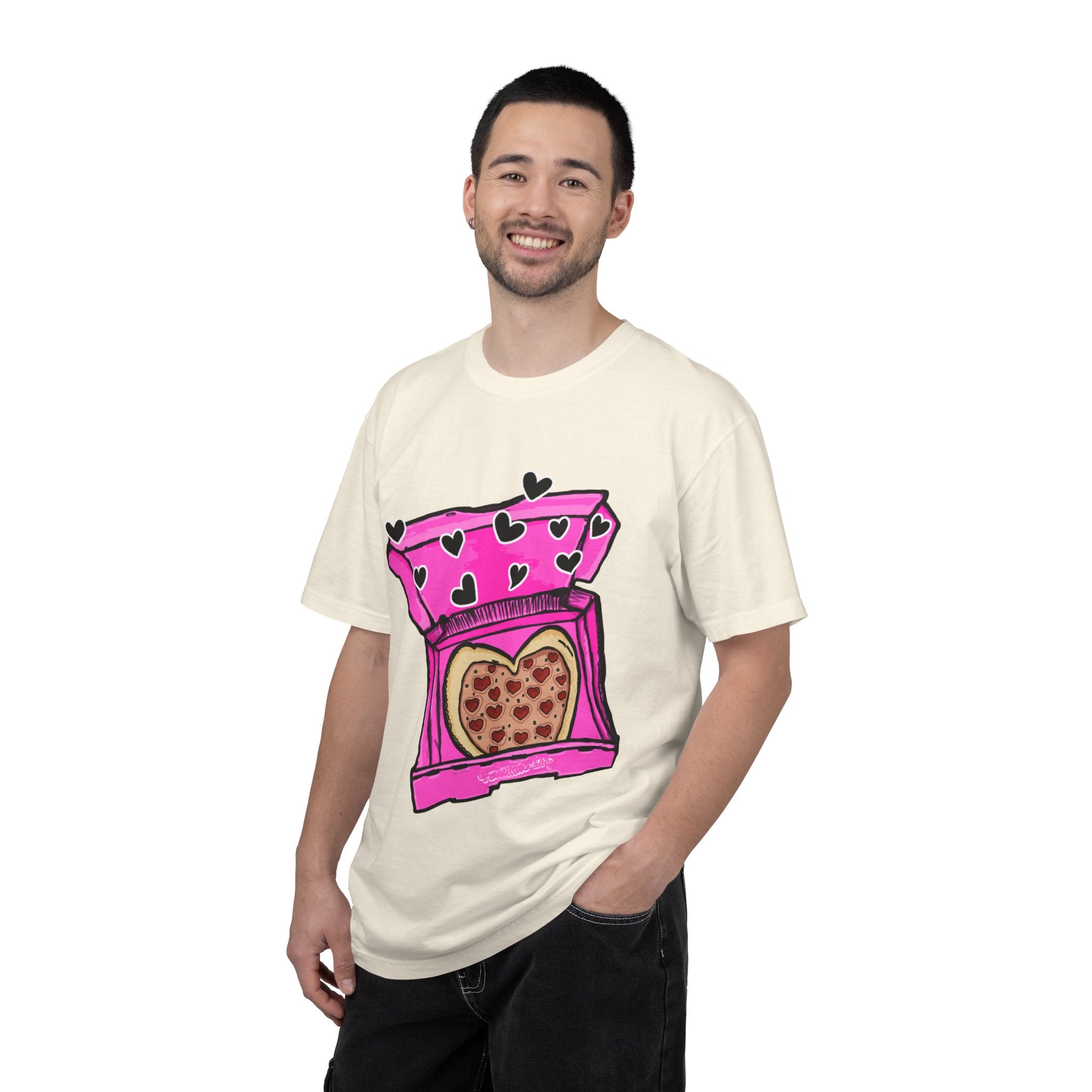 Hand-drawn heart pizza box t-shirt with pink pizza box, heart-shaped pepperoni pizza and floating black hearts on Comfort Color tee from PizzaBytes collection
