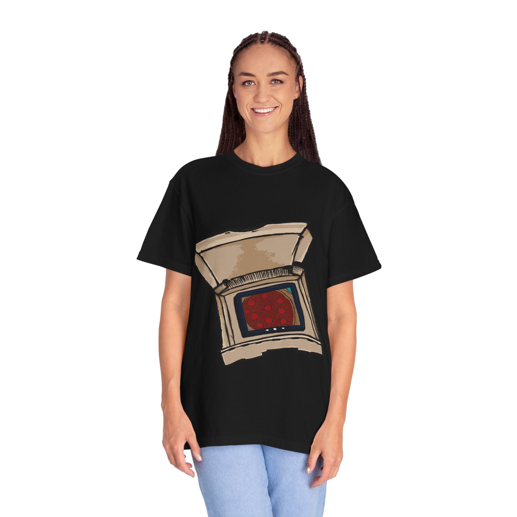 Hand-drawn TV pizza box t-shirt showing open pizza box turned into a retro television with pepperoni pizza on the screen from PizzaBytes collection

