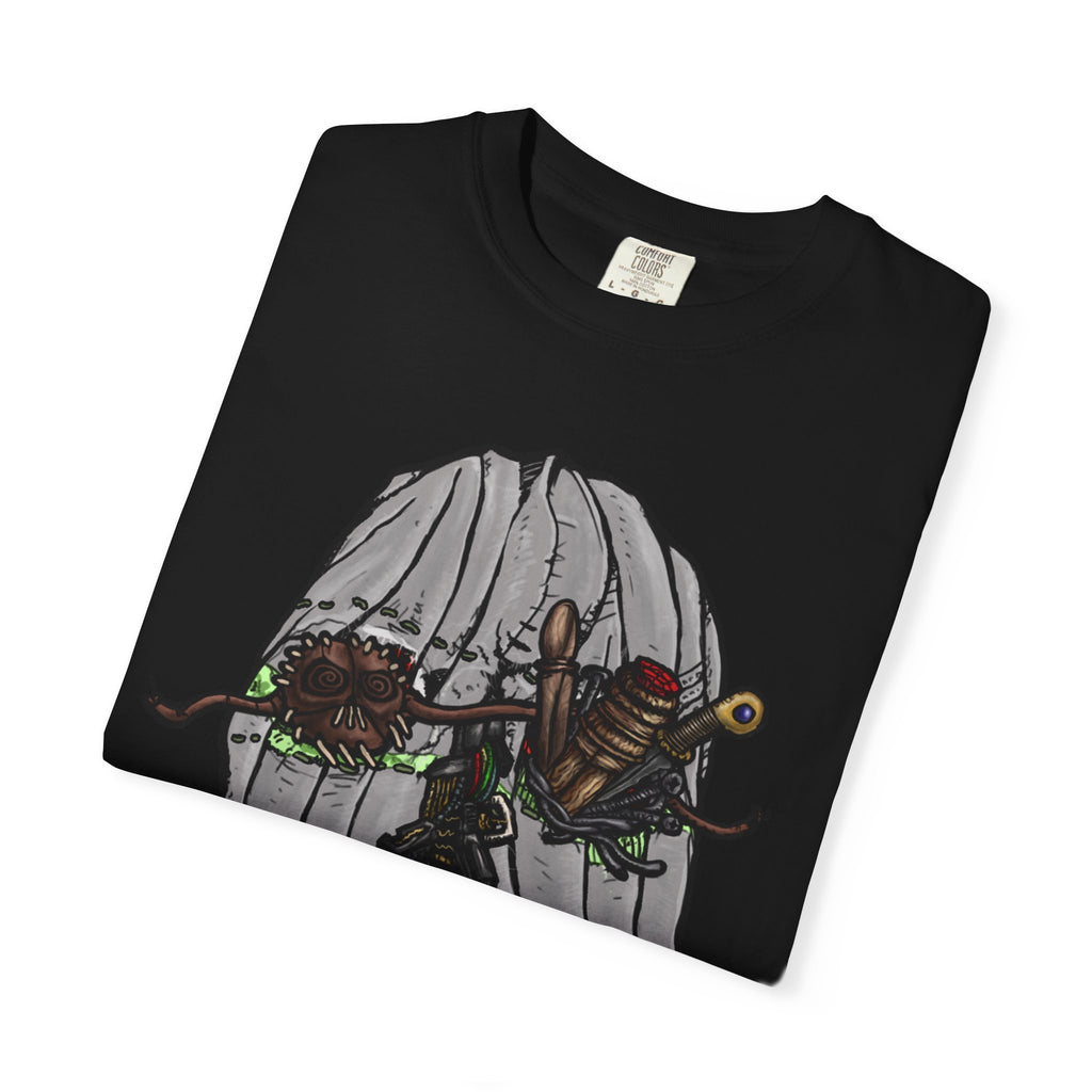 Freaky Features Ghost t-shirt, front shows creepy ghost hood with weapons and screaming eye mouth, back shows open pizza box with floating ghost face
