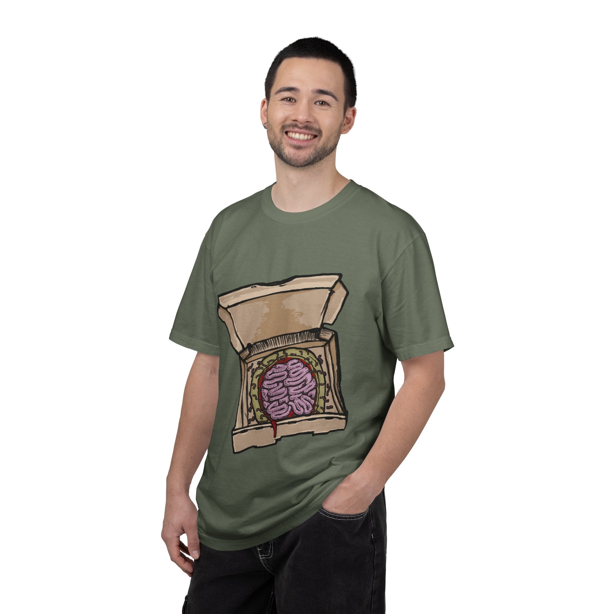 Hand-drawn brain pizza box t-shirt showing open pizza box with a detailed human brain pizza from PizzaBytes collection

