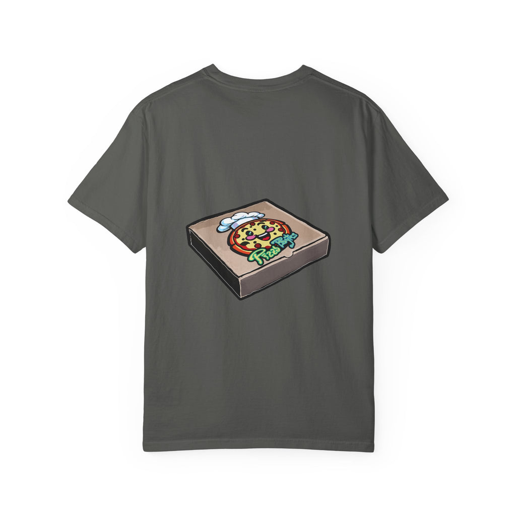 Hand-drawn PizzaBytes Set #3 t-shirt showing a 3x3 grid of open pizza boxes with various weird pizzas including rainbow donut, cherry pie and NFT from PizzaBytes collection

