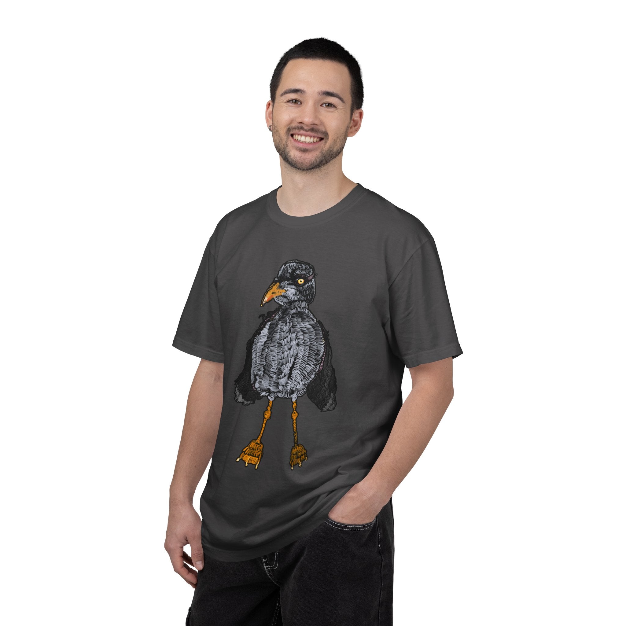 Hand-drawn crocheted staring seagull t-shirt with textured feathers, intense yellow eye and orange legs on Comfort Colors tee from PizzaBytes collection
