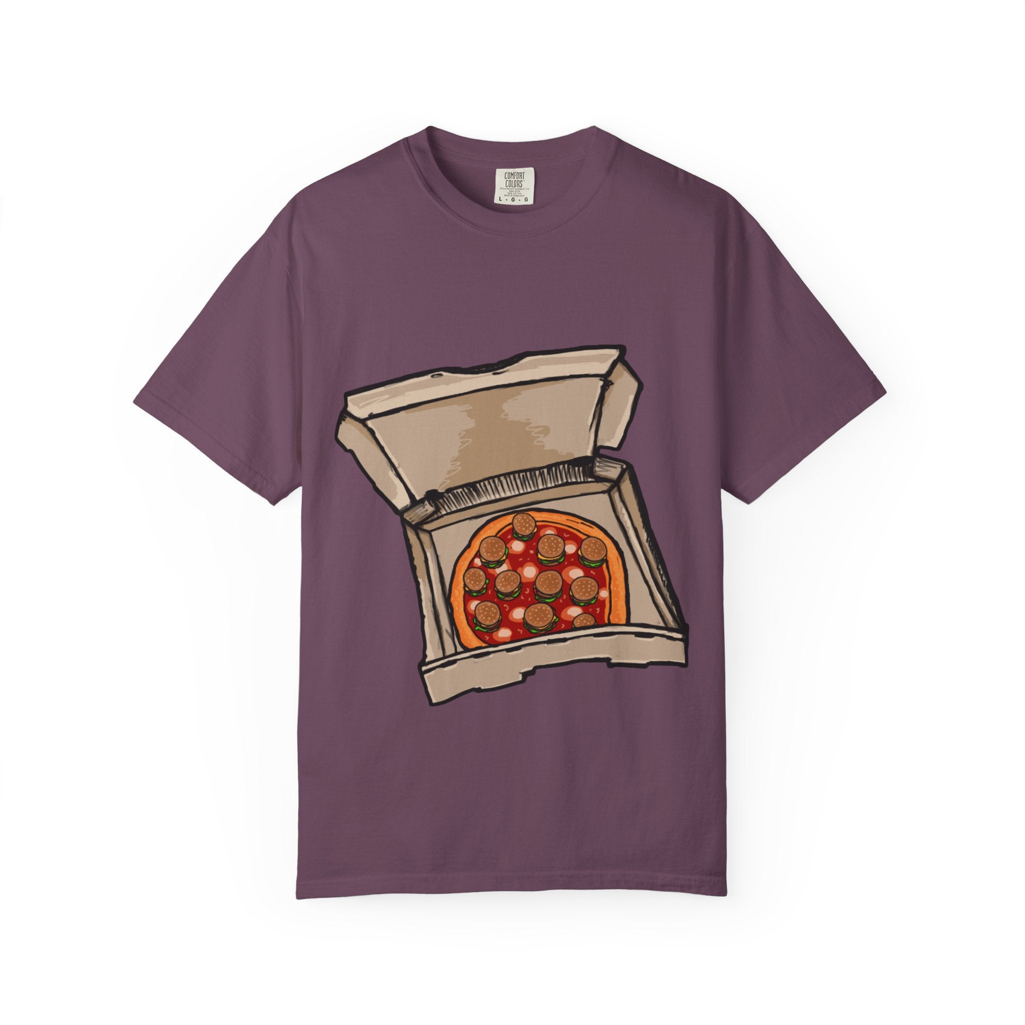 Hand-drawn burger pizza box t-shirt showing open pizza box with pepperoni pizza topped with mini cheeseburgers on Comfort tee from PizzaBytes collection