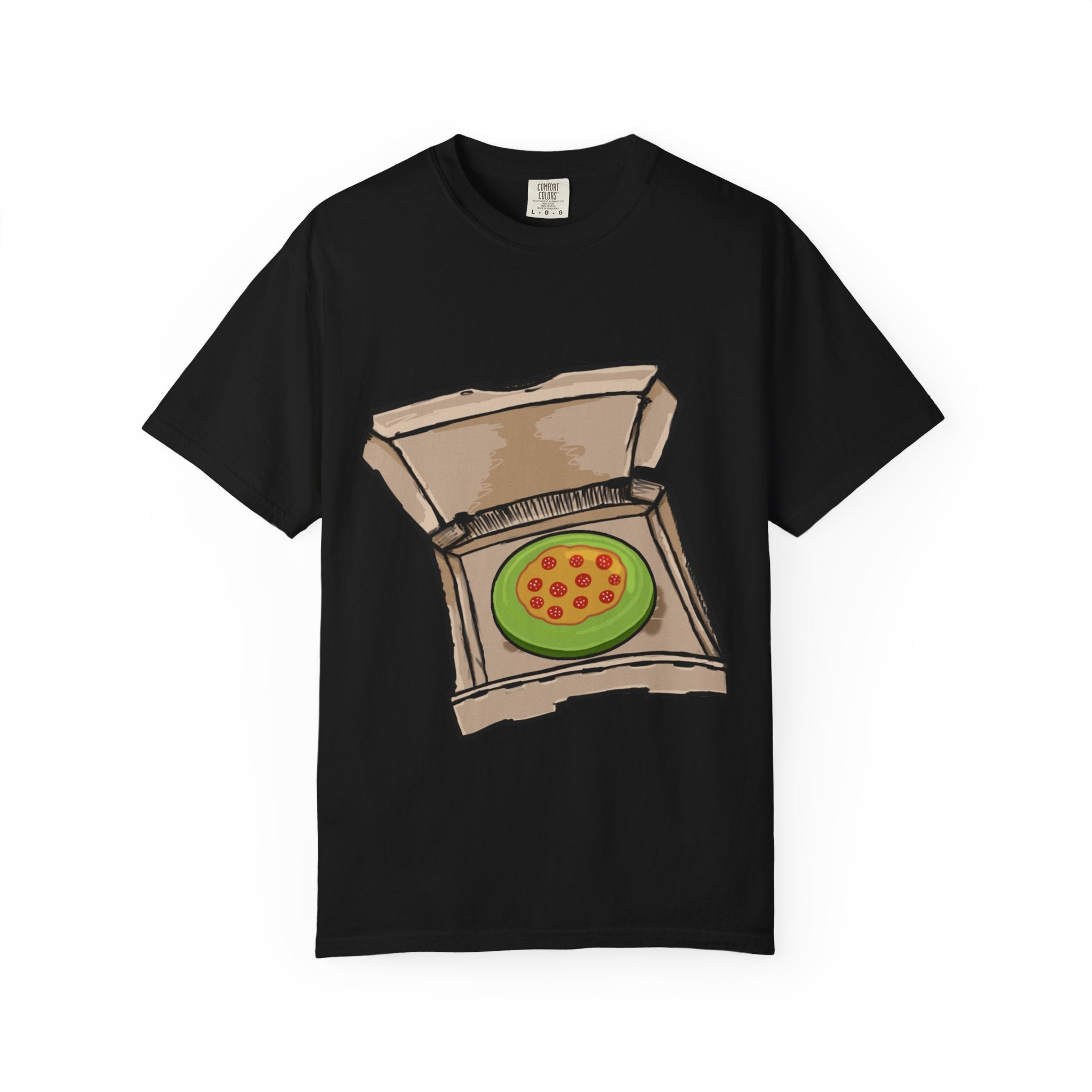 Hand-drawn frisbee pizza box t-shirt showing open pizza box with green frisbee pepperoni pizza from PizzaBytes collection

