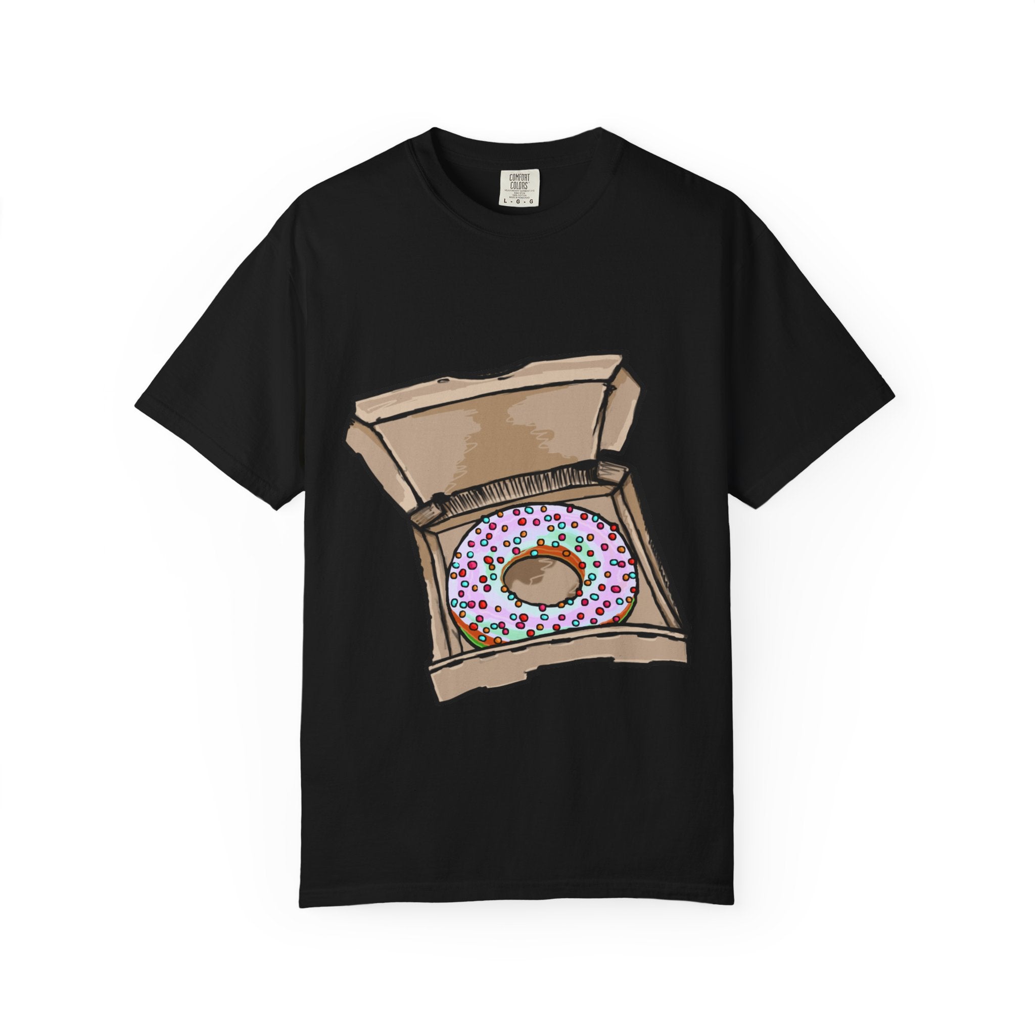 Hand-drawn rainbow donut pizza box t-shirt showing open pizza box with a colorful sprinkle donut from PizzaBytes collection


