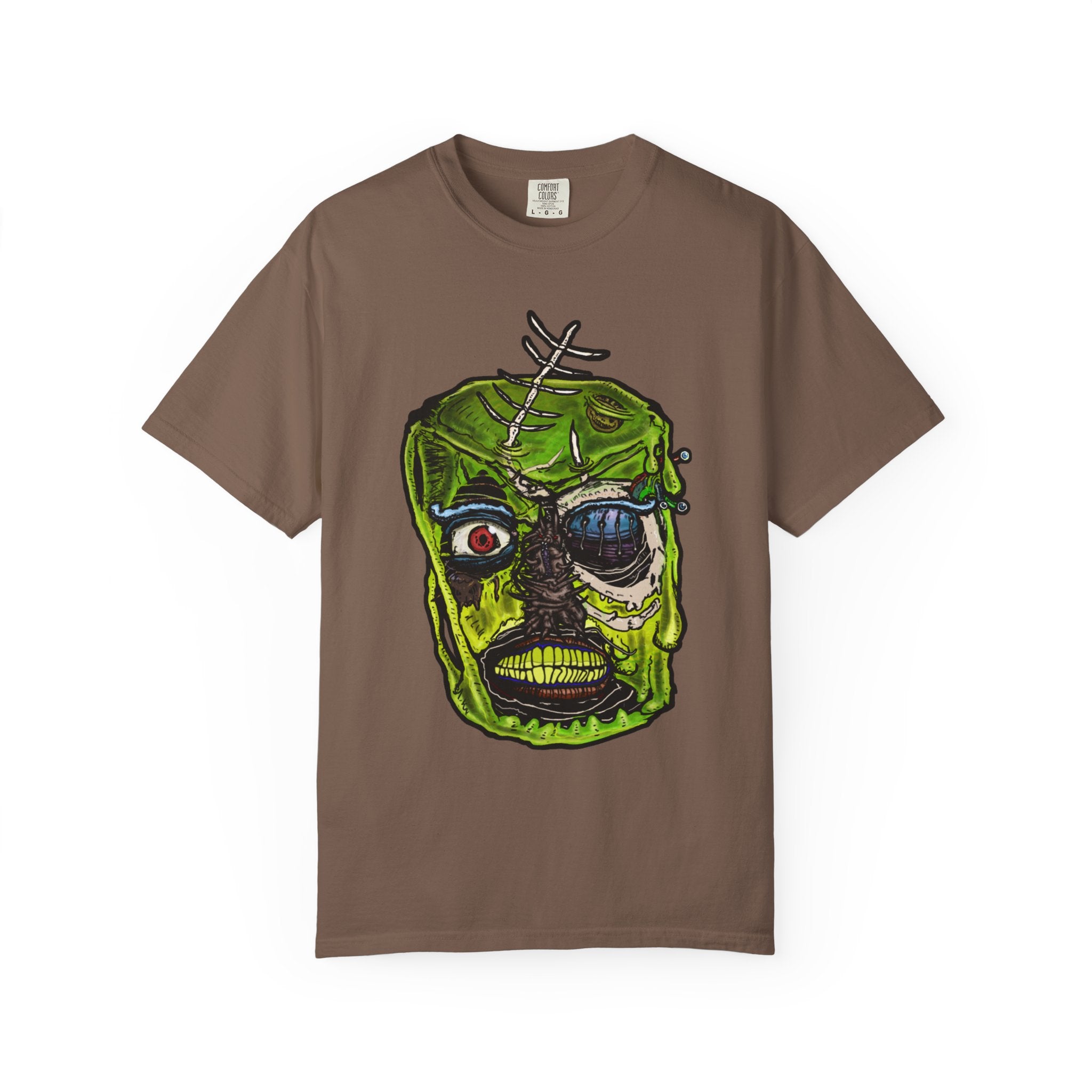 Freaky Features Radioactive Blob t-shirt, front shows neon green radioactive blob monster with cracked skull and glowing eyes, back shows open pizza box with glowing green jelly
