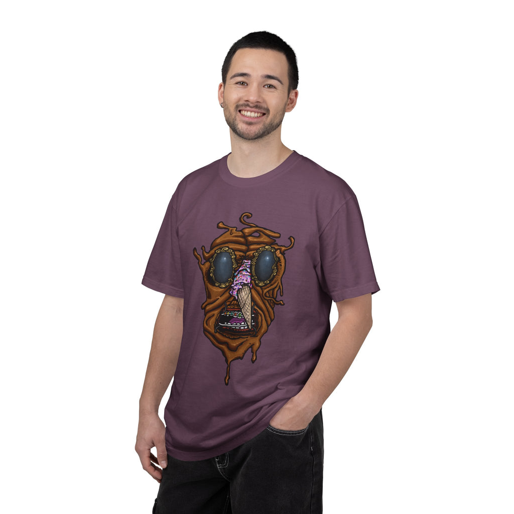 Freaky Features Sandi t-shirt, front shows melting chocolate monster head with ice cream cone nose, back shows open pizza box with donut inside

