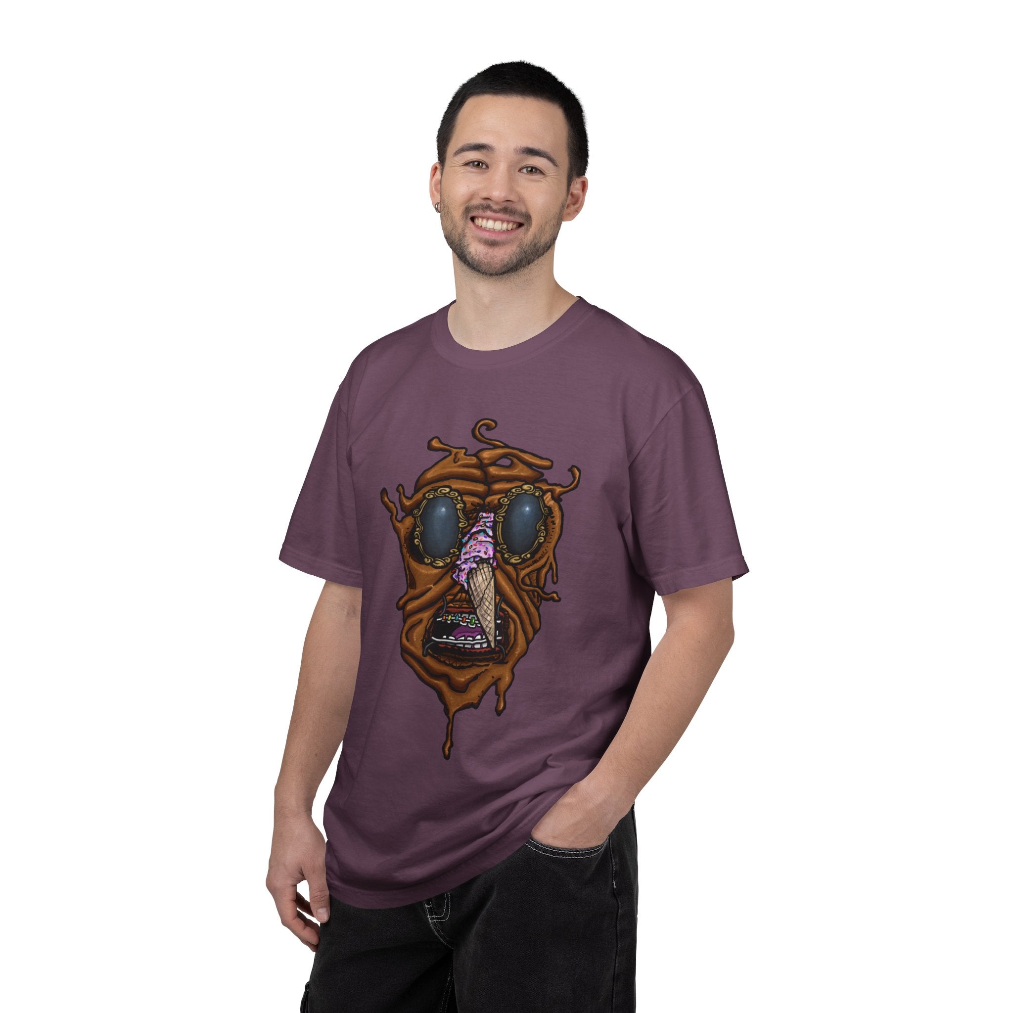 Freaky Features Sandi t-shirt, front shows melting chocolate monster head with ice cream cone nose, back shows open pizza box with donut inside

