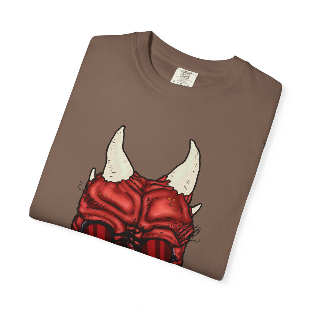 Freaky Features Demon t-shirt, front shows red demon head with horns and glowing eyes, back shows open pizza box being raided by little red devils

