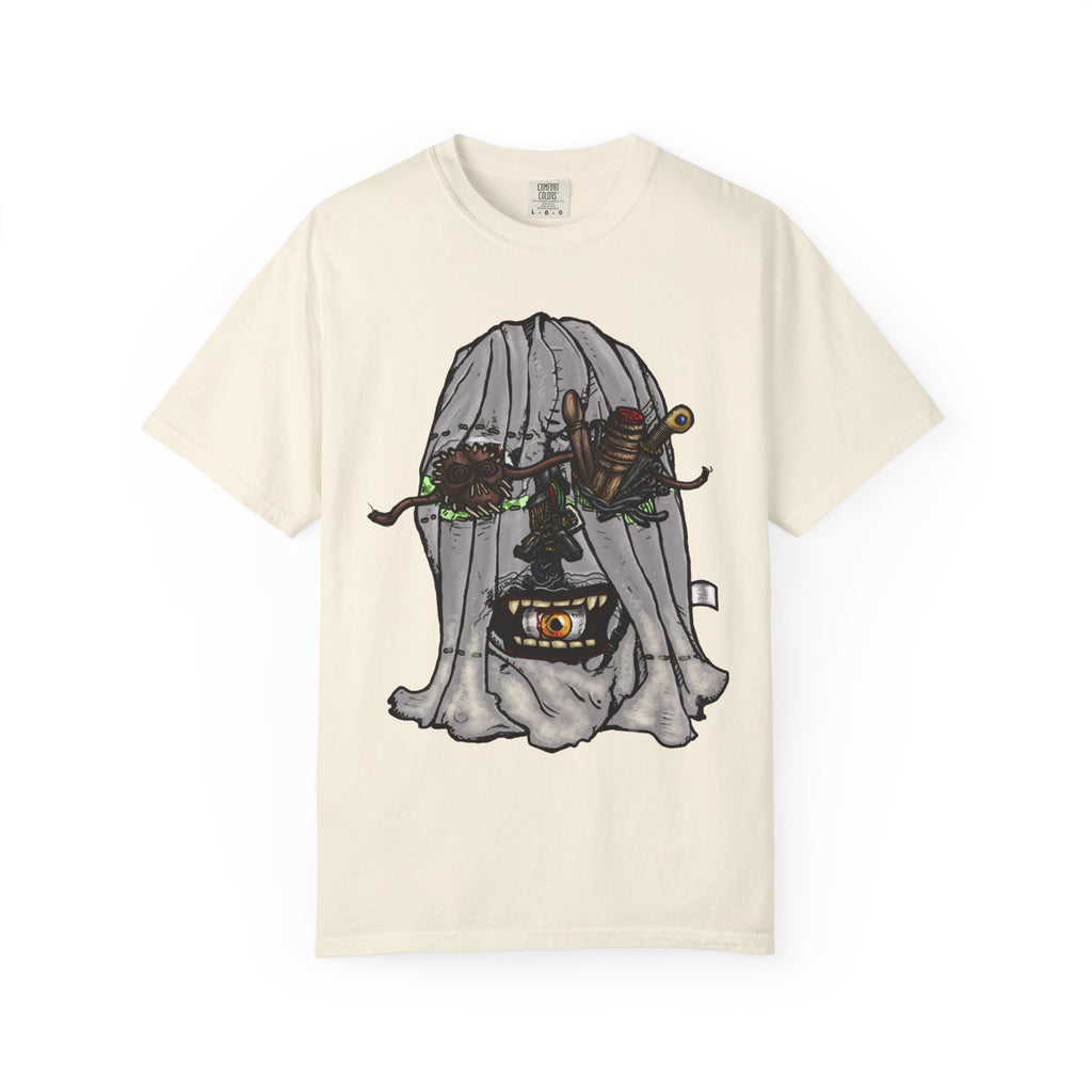 Freaky Features Ghost t-shirt, front shows creepy ghost hood with weapons and screaming eye mouth, back shows open pizza box with floating ghost face
