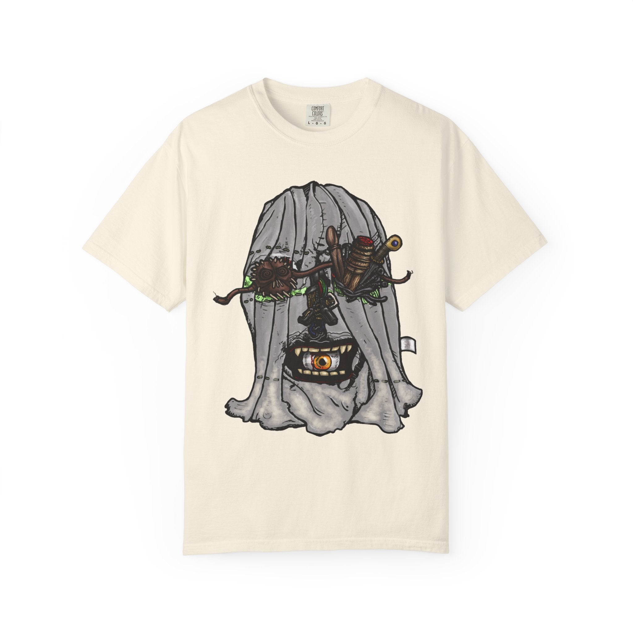 Freaky Features Ghost t-shirt, front shows creepy ghost hood with weapons and screaming eye mouth, back shows open pizza box with floating ghost face
