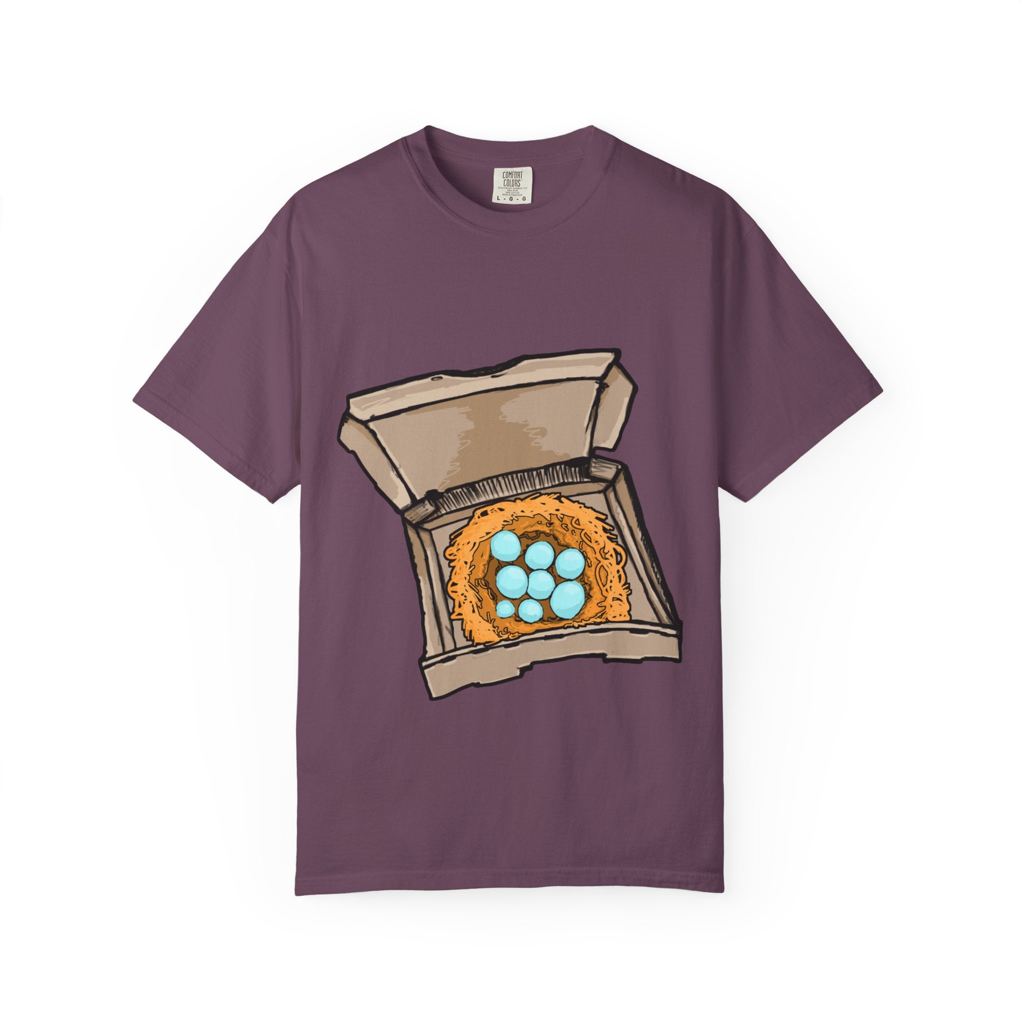 Hand-drawn bird nest pizza box t-shirt showing open pizza box with a straw nest and blue eggs from PizzaBytes collection

