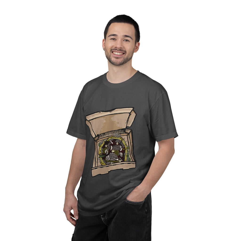 Hand-drawn sewer pizza box t-shirt showing open pizza box with skeletons, bones and green sludge pizza from PizzaBytes collection

