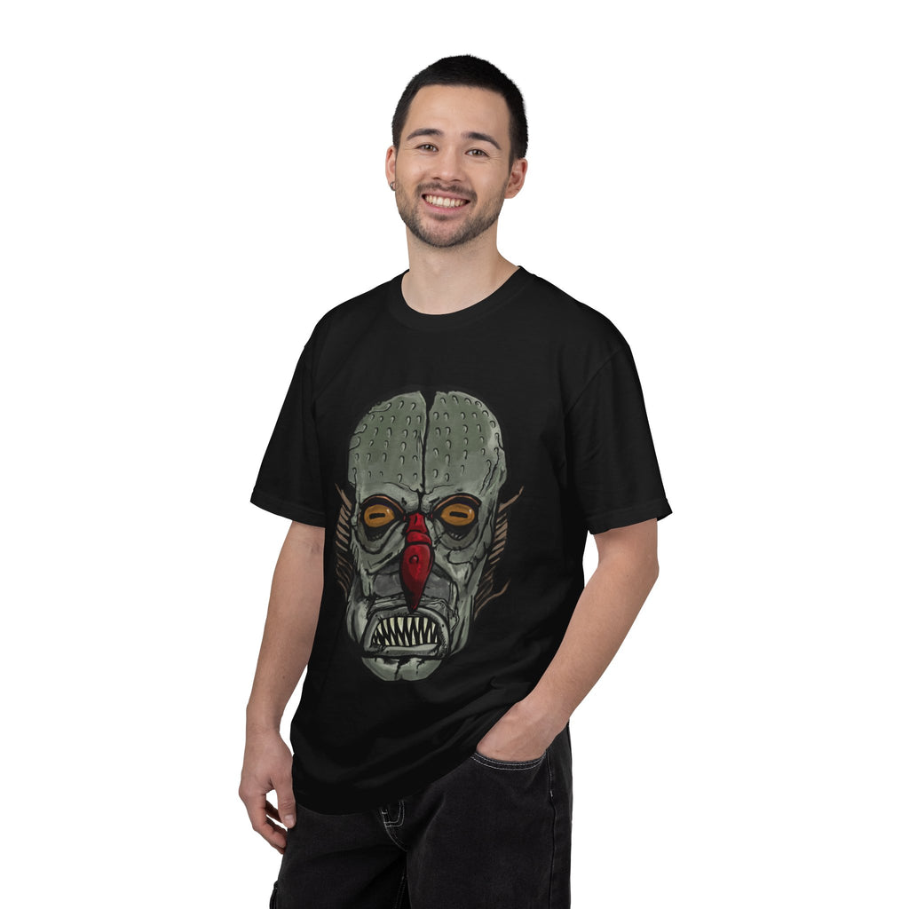 Freaky Features Fishman t-shirt, front shows grotesque fishman with orange eyes and red nose, back shows open pizza box with sewer pizza and skeletons

