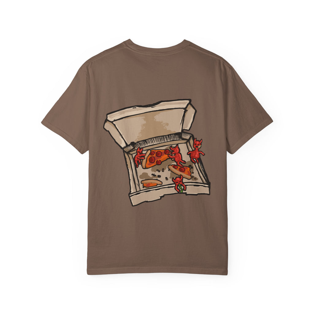 Freaky Features Demon t-shirt, front shows red demon head with horns and glowing eyes, back shows open pizza box being raided by little red devils
