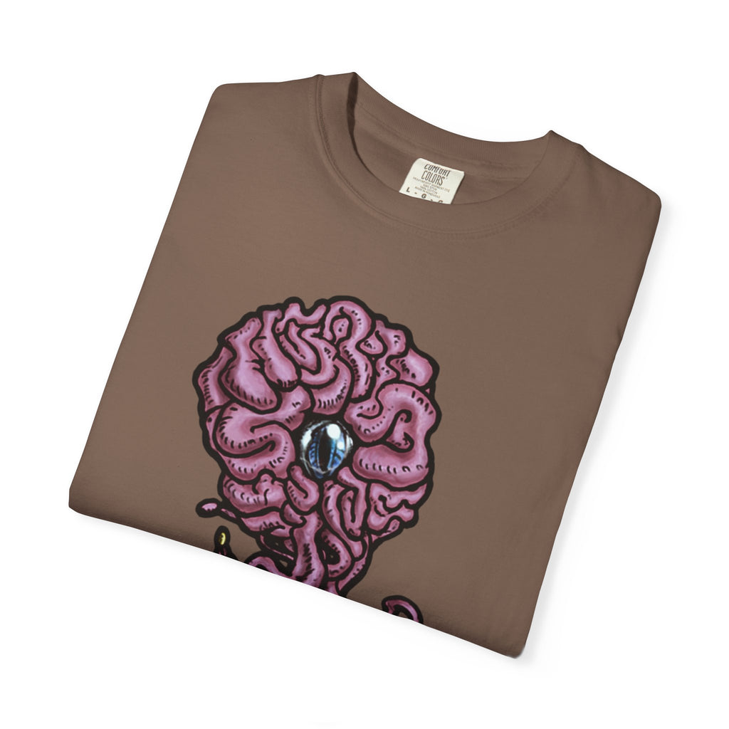 Freaky Features Brian t-shirt, front shows purple brain monster with tentacles, back shows open purple pizza box with a donut inside