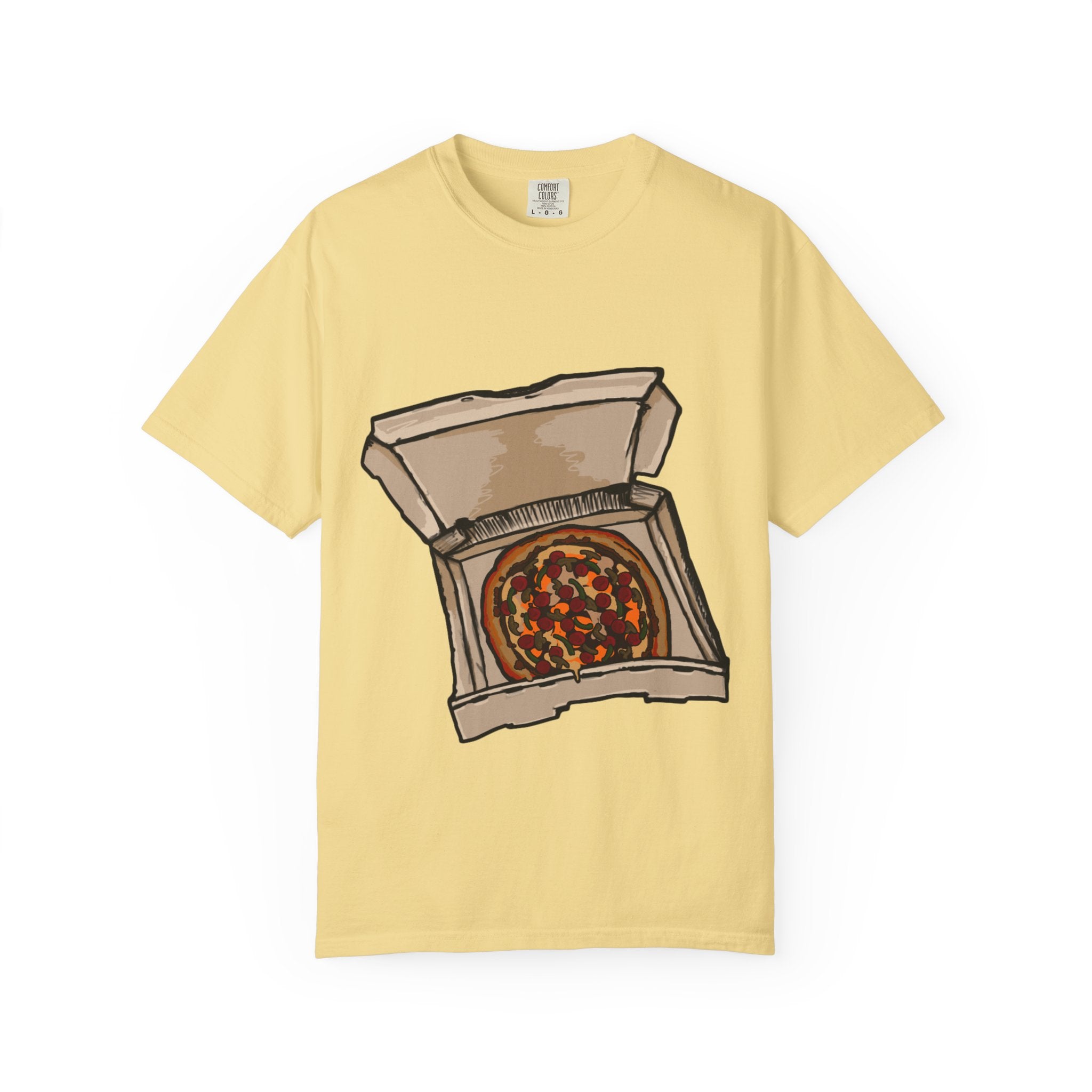 Hand-drawn pepperoni green pepper mushroom pizza box t-shirt showing open pizza box with pepperoni, green pepper and mushroom pizza from PizzaBytes collection

