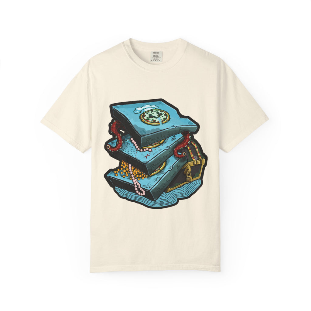 Hand-drawn pizza treasure chest t-shirt with stacked pizza boxes, gold coins, pearls, red octopus tentacles and pirate chest on Comfort Colors tee from PizzaBytes collection

