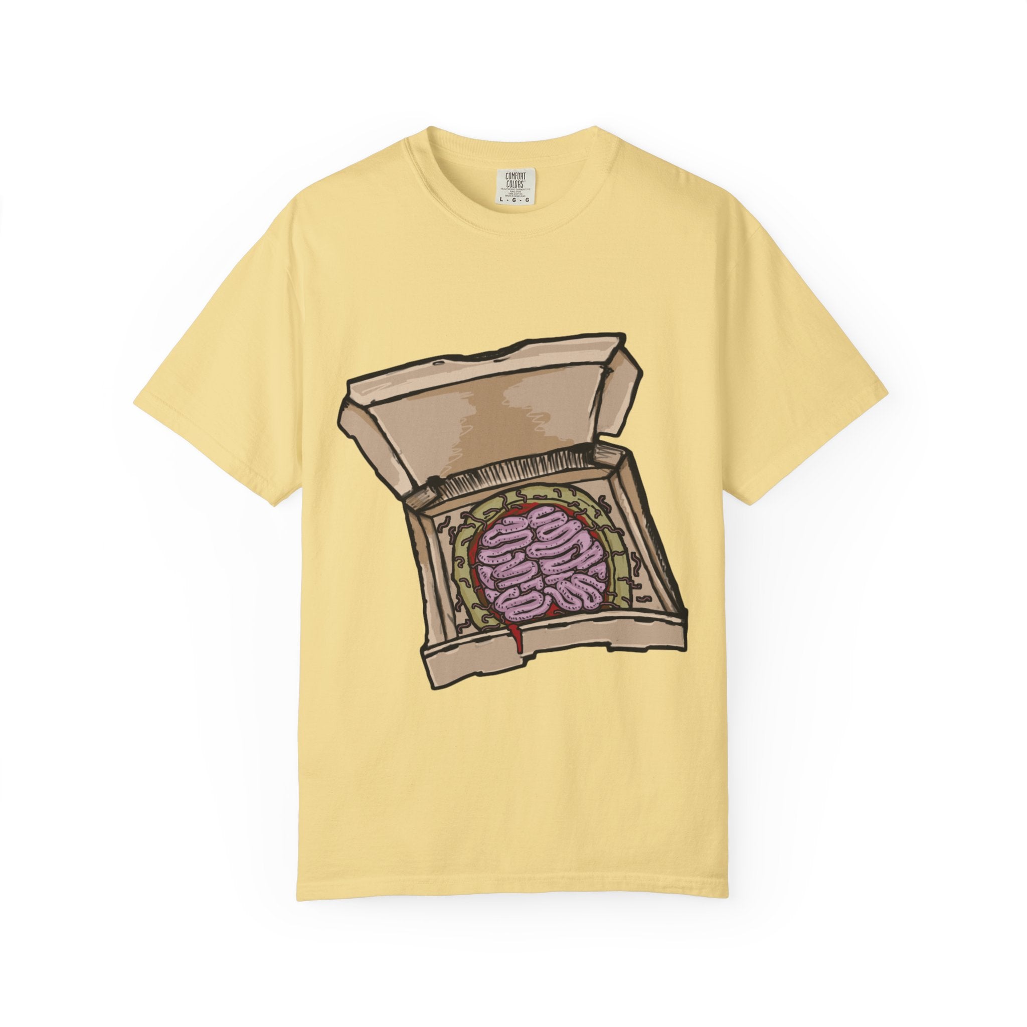 Hand-drawn brain pizza box t-shirt showing open pizza box with a detailed human brain pizza from PizzaBytes collection

