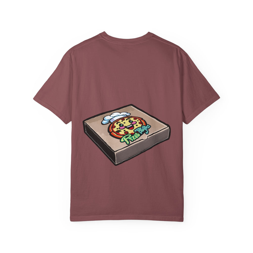 Hand-drawn burger pizza box t-shirt showing open pizza box with pepperoni pizza topped with mini cheeseburgers on Comfort tee from PizzaBytes collection