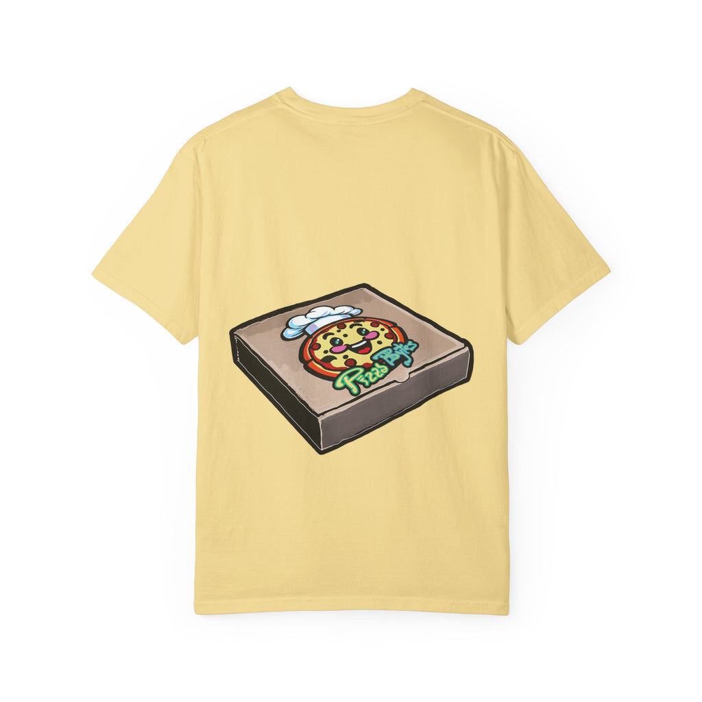 Hand-drawn cherry pie pizza box t-shirt showing open pizza box with lattice-top cherry pie from PizzaBytes collection

