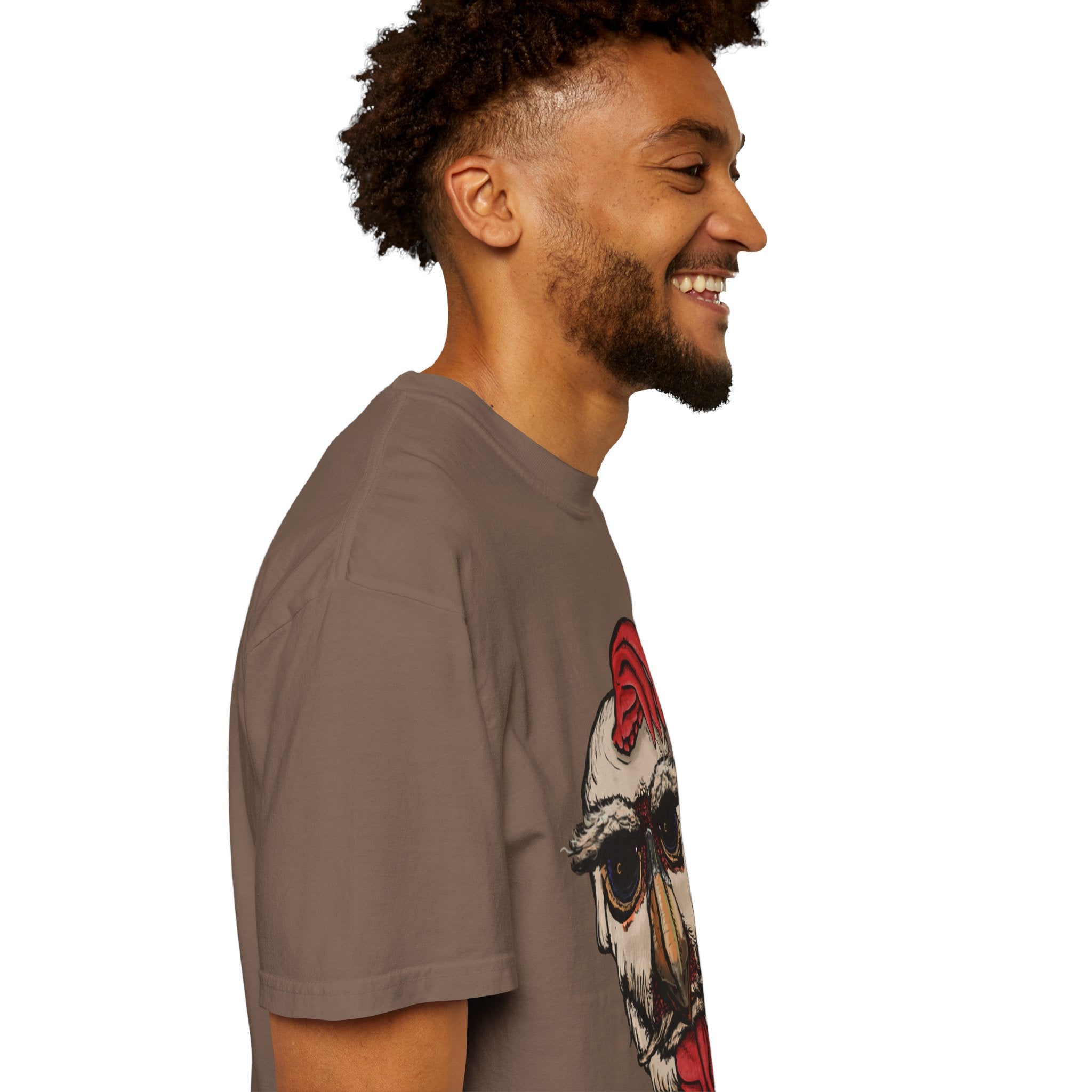 Freaky Features Paranoid Chicken t-shirt, front shows paranoid rooster head, back shows open pizza box with chocolate donut