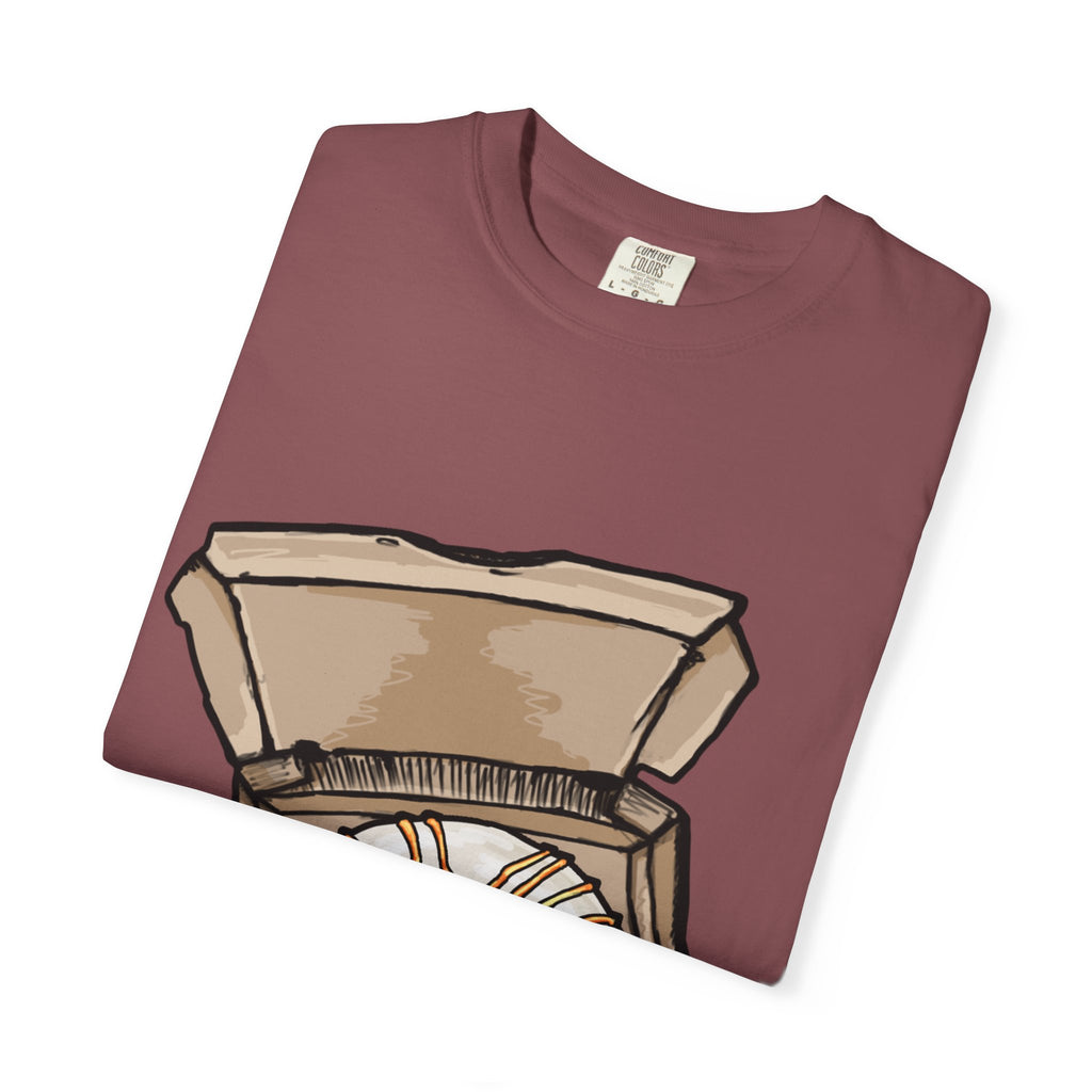 Hand-drawn donut pizza box t-shirt showing open pizza box with white-iced donut and orange drizzle from PizzaBytes collection


