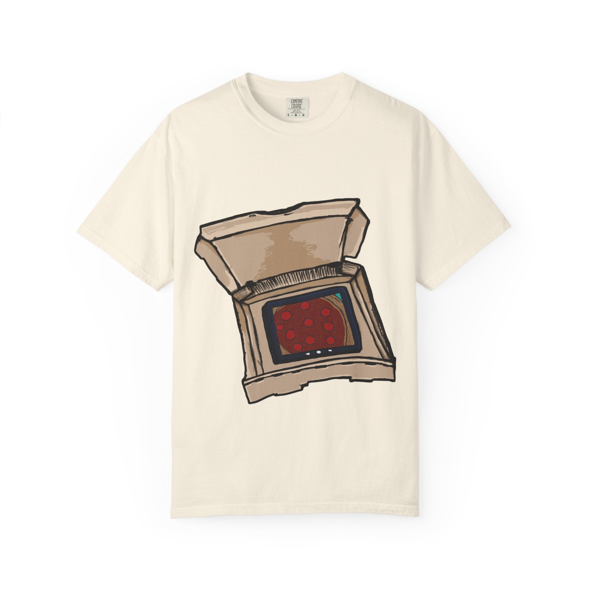 Hand-drawn TV pizza box t-shirt showing open pizza box turned into a retro television with pepperoni pizza on the screen from PizzaBytes collection

