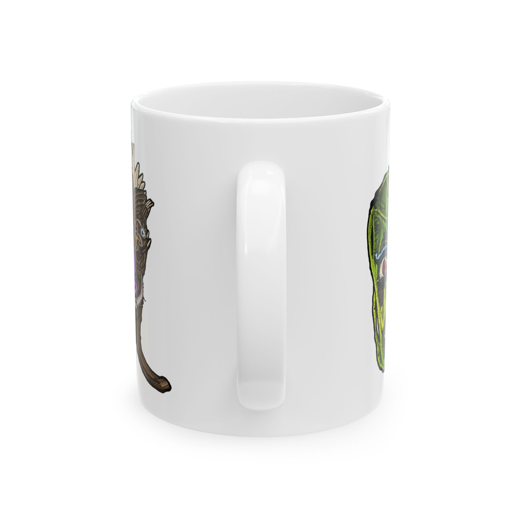 Freaky Features Sandman Radioactive Blob Shaman mug showing three monster designs: melting chocolate head with ice cream nose, neon green radioactive blob skull, and tribal shaman mask on white ceramic mug


