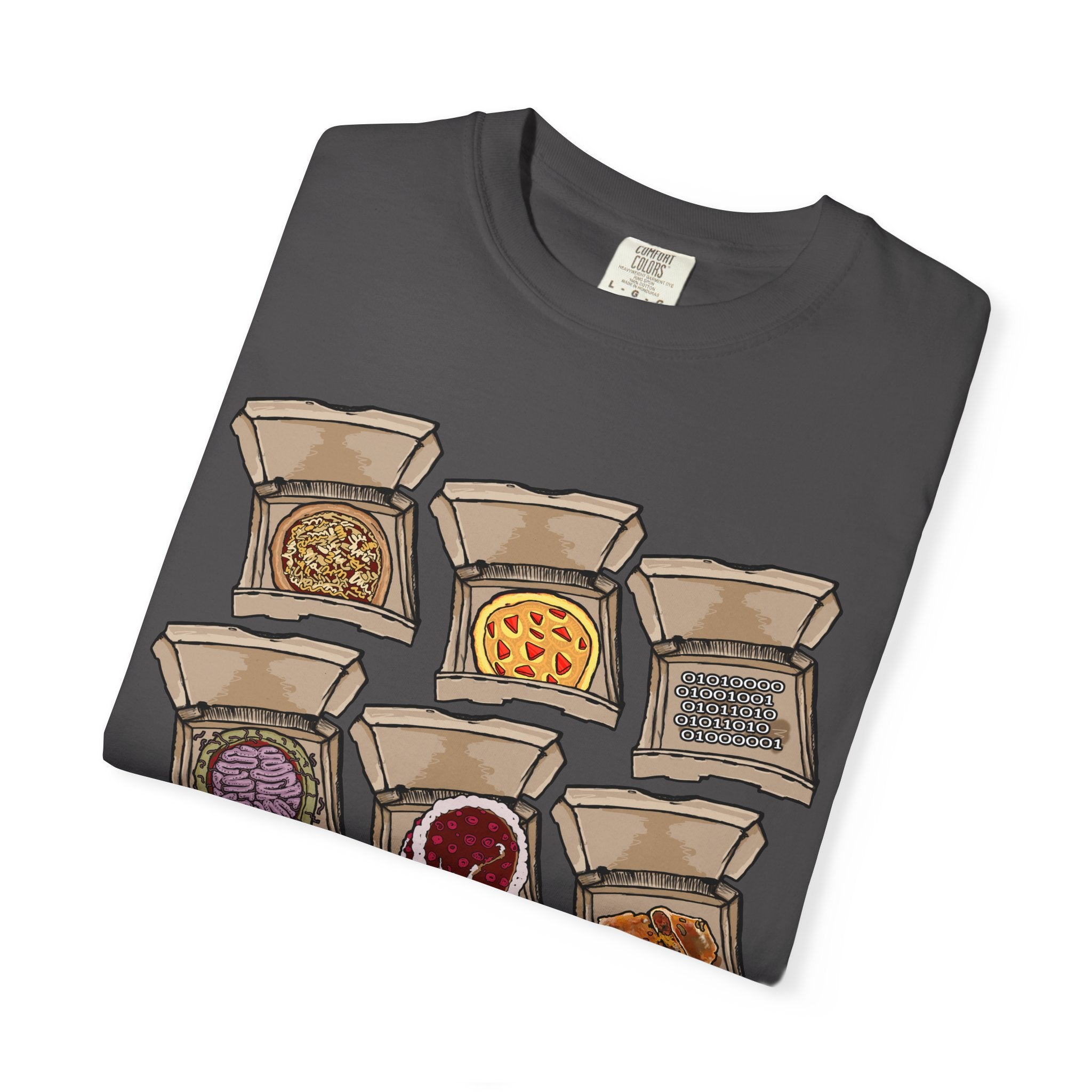 Hand-drawn PizzaBytes Set #1 t-shirt showing a 3x3 grid of open pizza boxes with brain pizza, ghost pizza, donut, binary code and more weird designs from PizzaBytes collection

