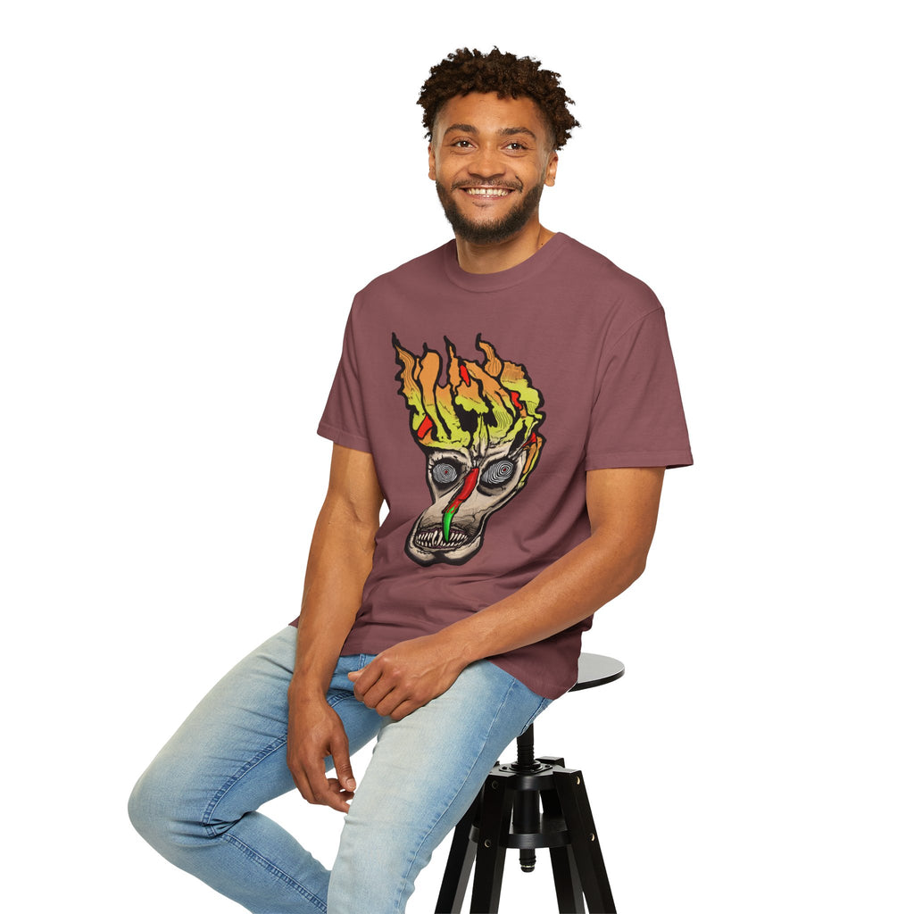 Freaky Features Flaming Skull t-shirt, front shows flaming skull with hypnotic eyes and chili nose, back shows open pizza box with loaded pepperoni pizza
