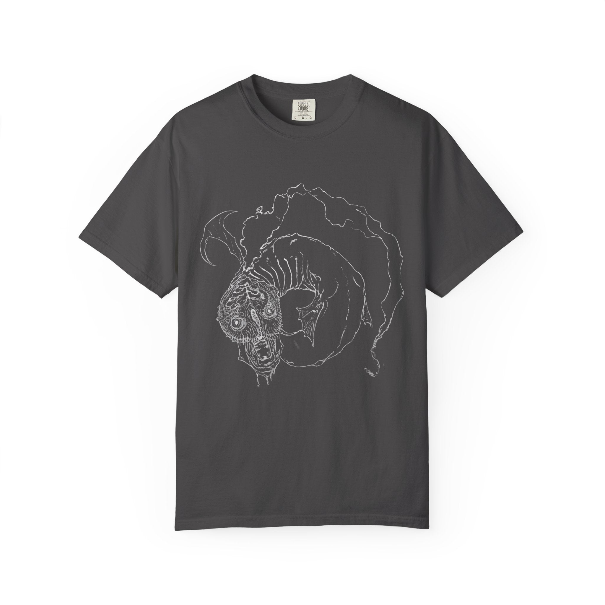 Hand-sketched Fish Monster t-shirt from Serenity Chain collection, eerie deep-sea creature with bulging eyes and flowing fins in white line art on black tee