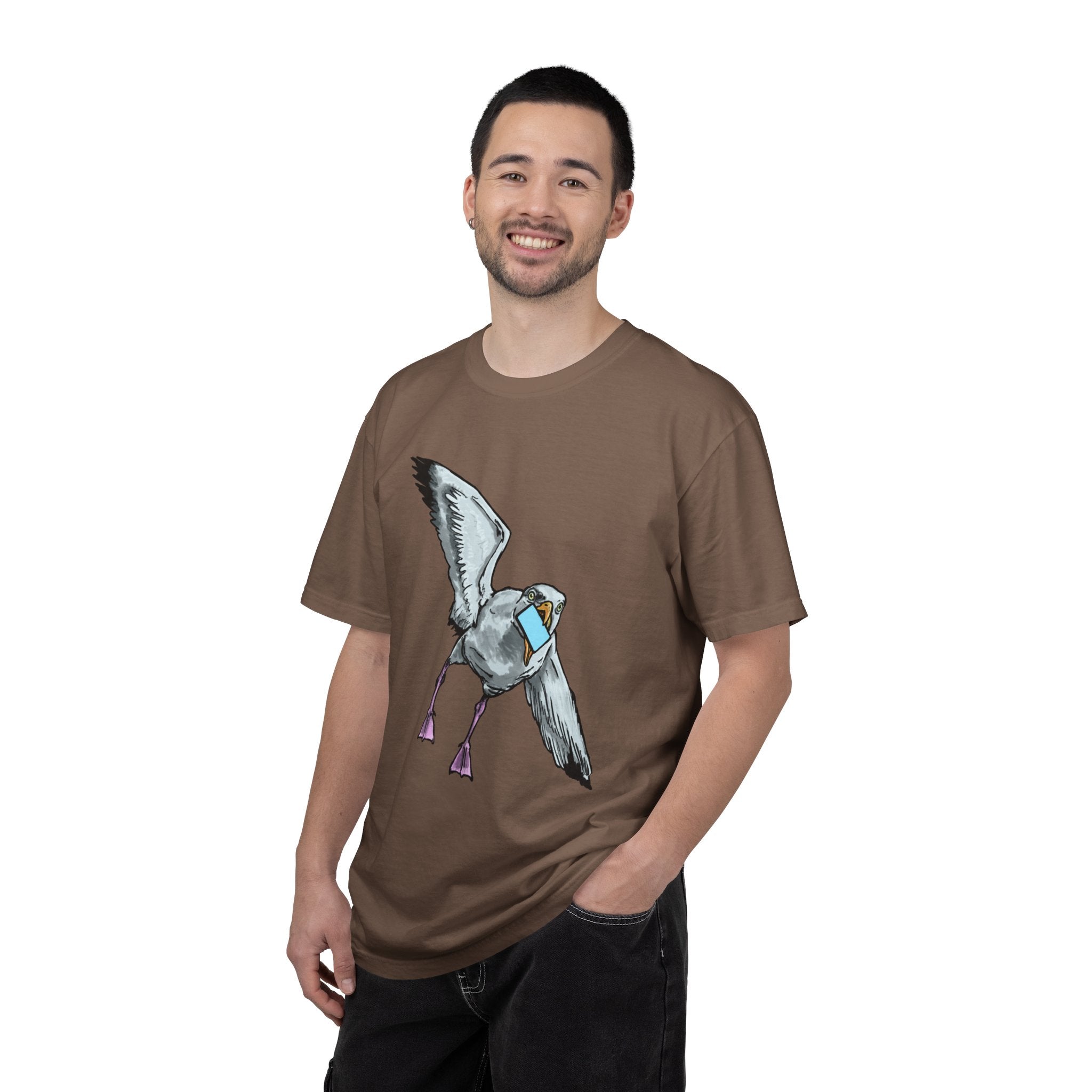 Hand-drawn pizza-stealing seagull monster t-shirt, outstretched wings and purple legs on tee from PizzaBytes collection