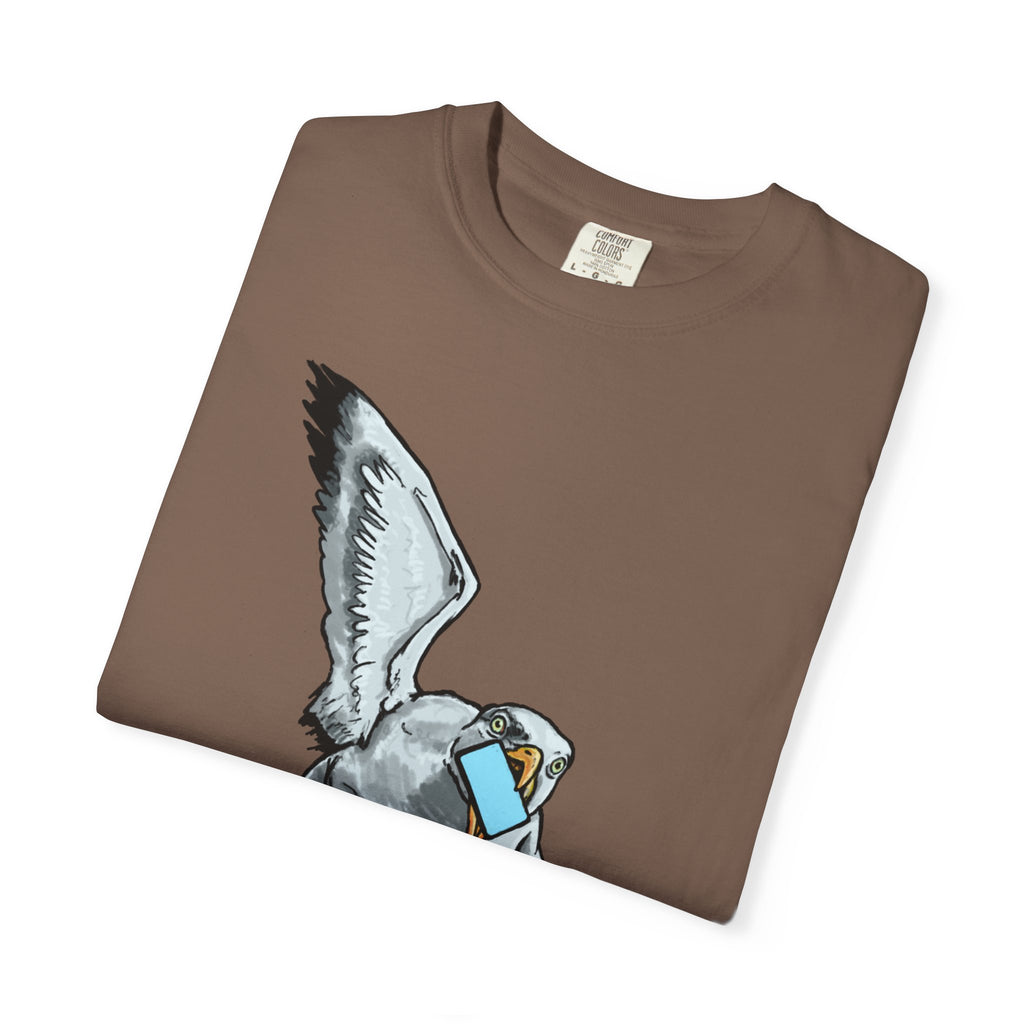 Hand-drawn pizza-stealing seagull monster t-shirt, outstretched wings and purple legs on tee from PizzaBytes collection
