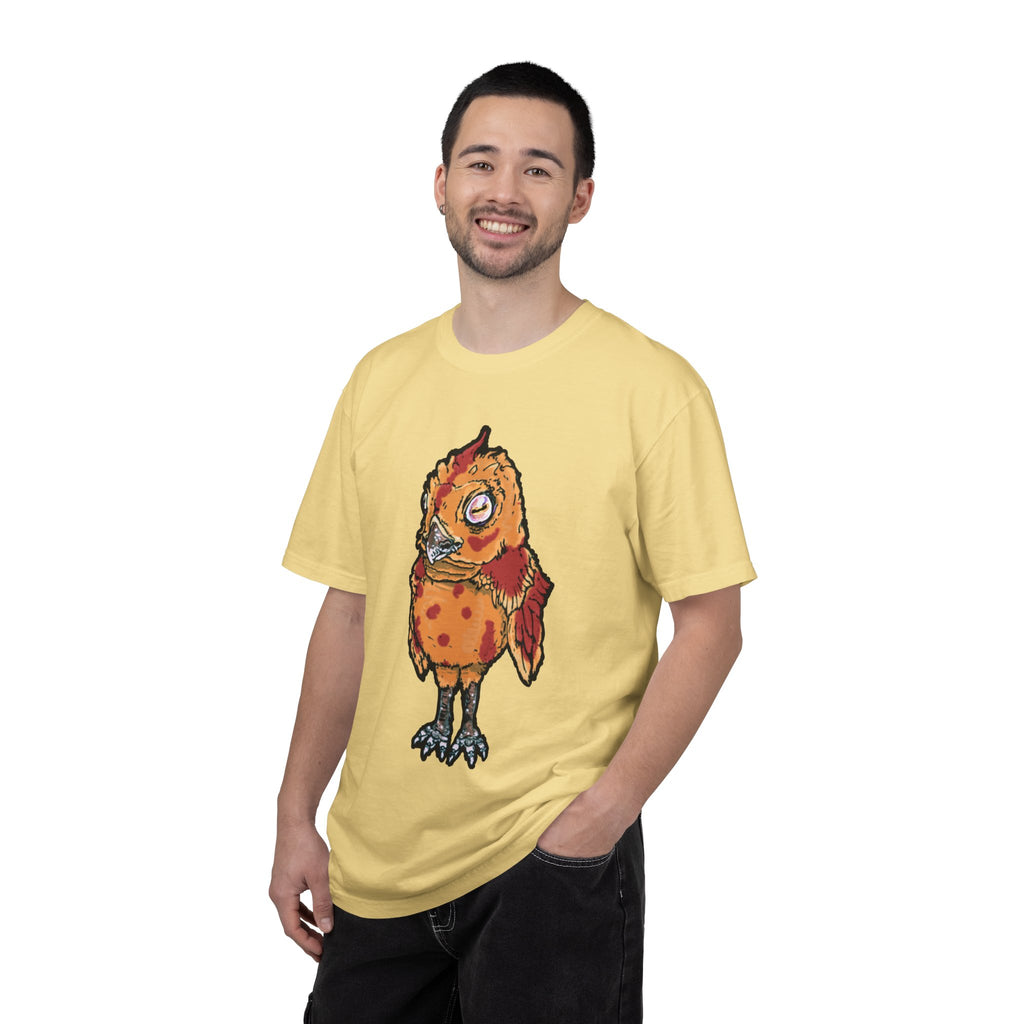 Hand-drawn spotted pizza owl monster t-shirt with melted cheese spots, pepperoni red markings and big multicolored eye tee from PizzaBytes collection