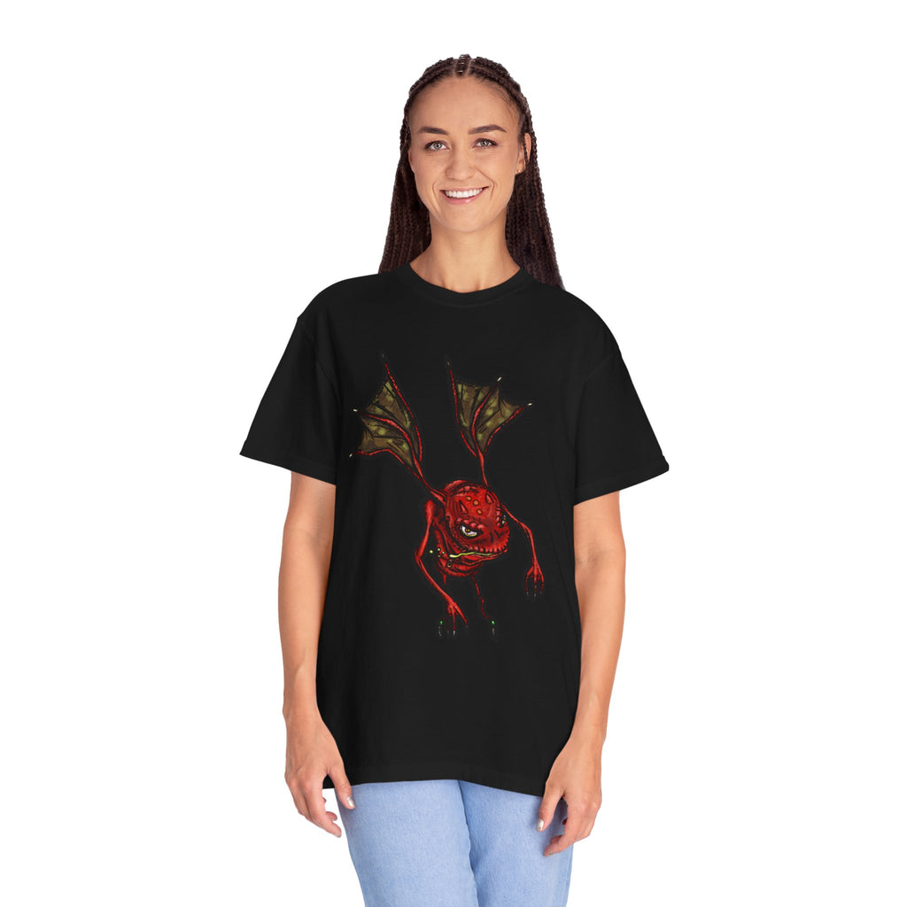 Freaky Features Fire Imp t-shirt, front shows a red bat-winged fire imp, back shows a monster-headed pizza box being raided by little red devils 
