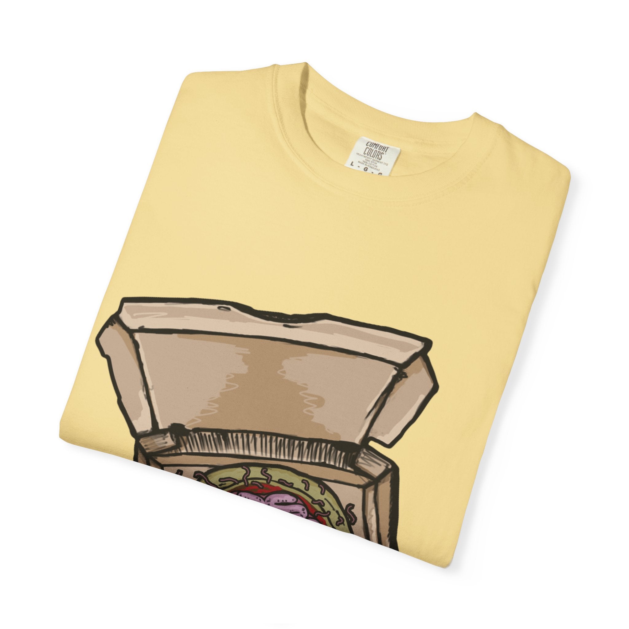 Hand-drawn brain pizza box t-shirt showing open pizza box with a detailed human brain pizza from PizzaBytes collection

