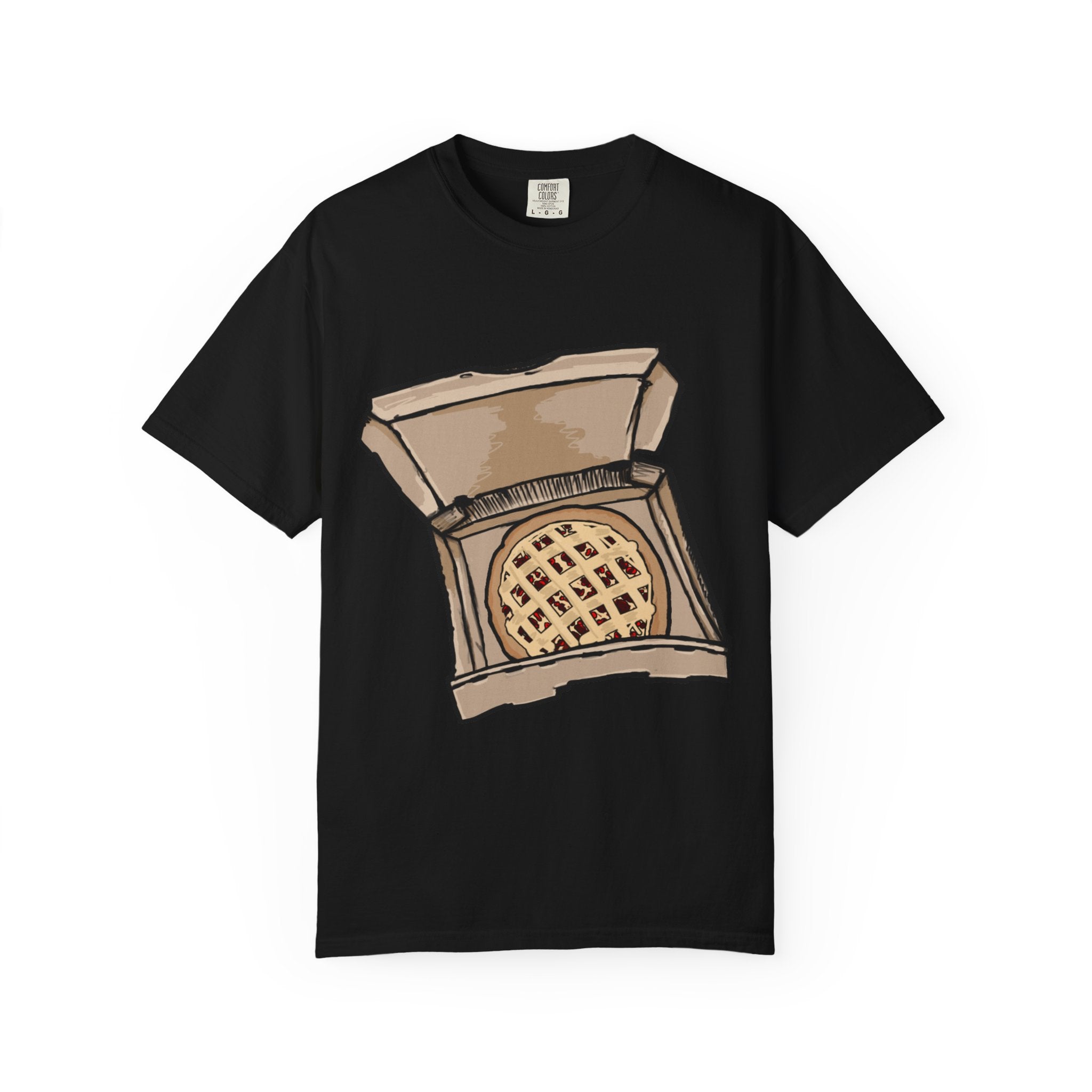 Hand-drawn cherry pie pizza box t-shirt showing open pizza box with lattice-top cherry pie from PizzaBytes collection

