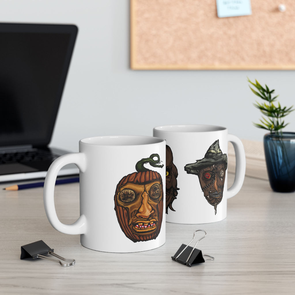 Freaky Features Werewolf Scarecrow PumpkinJack mug showing three monster designs: brown werewolf with yellow eyes, scarecrow with witch hat, and carved pumpkin head on white ceramic mug
