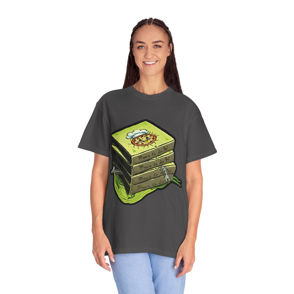 Hand-drawn toxic pizza stack t-shirt with glowing green pizza character and slimy tentacle on tee from PizzaBytes collection