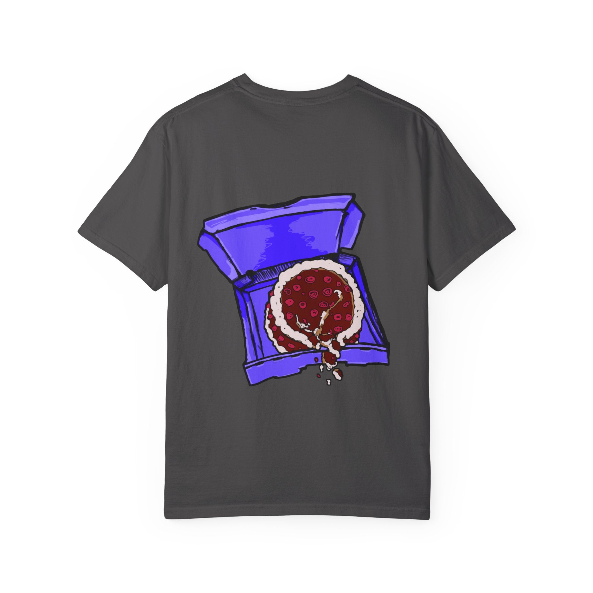 Freaky Features Sad Brian t-shirt, front shows a sad dripping brain monster with tentacles, back shows an open pizza box with half-eaten cake dripping
