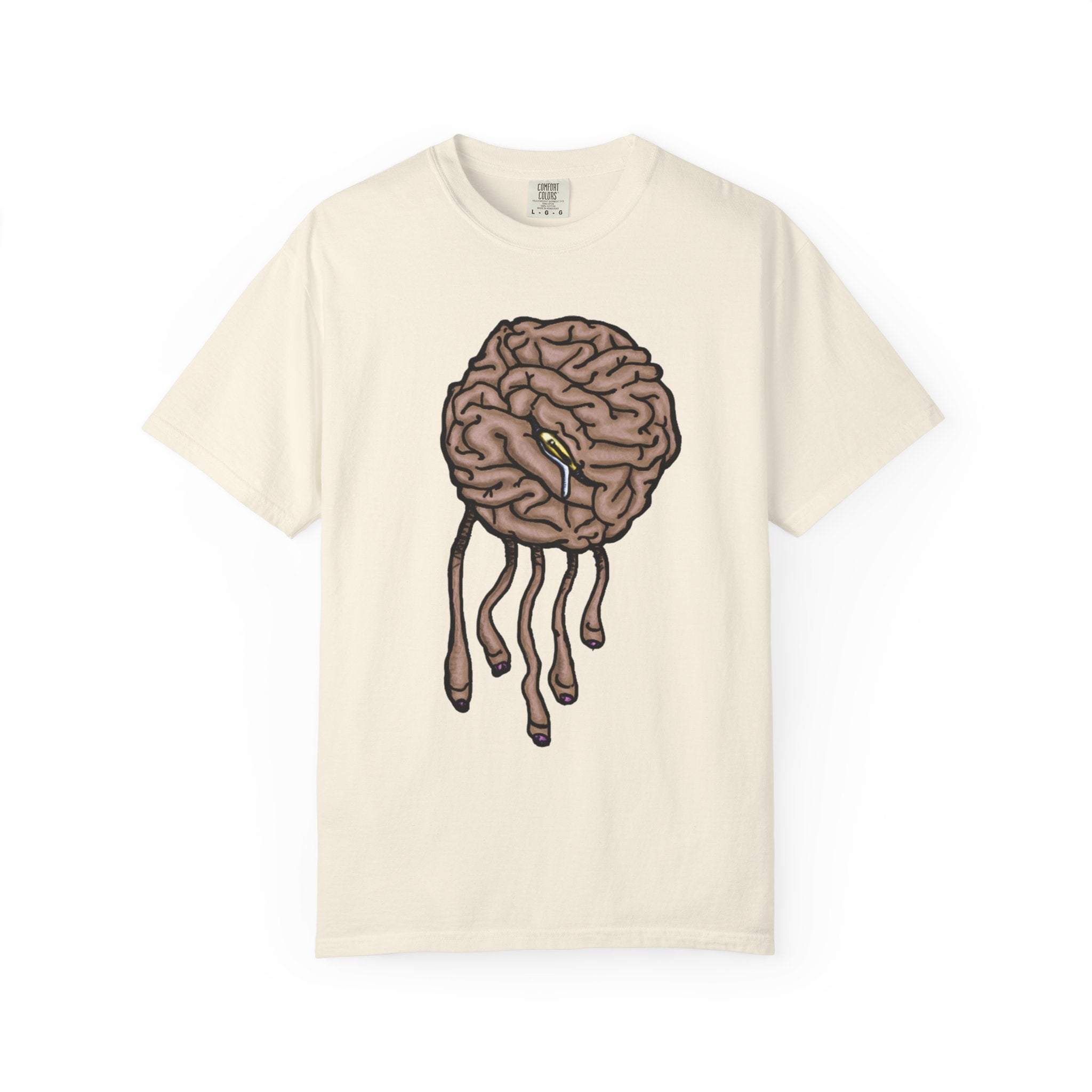 Freaky Features Sad Brian t-shirt, front shows a sad dripping brain monster with tentacles, back shows an open pizza box with half-eaten cake dripping


