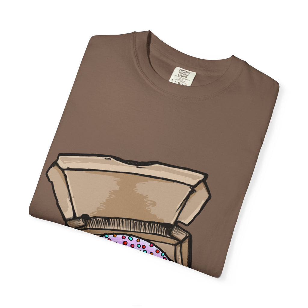 Hand-drawn rainbow donut pizza box t-shirt showing open pizza box with a colorful sprinkle donut from PizzaBytes collection

