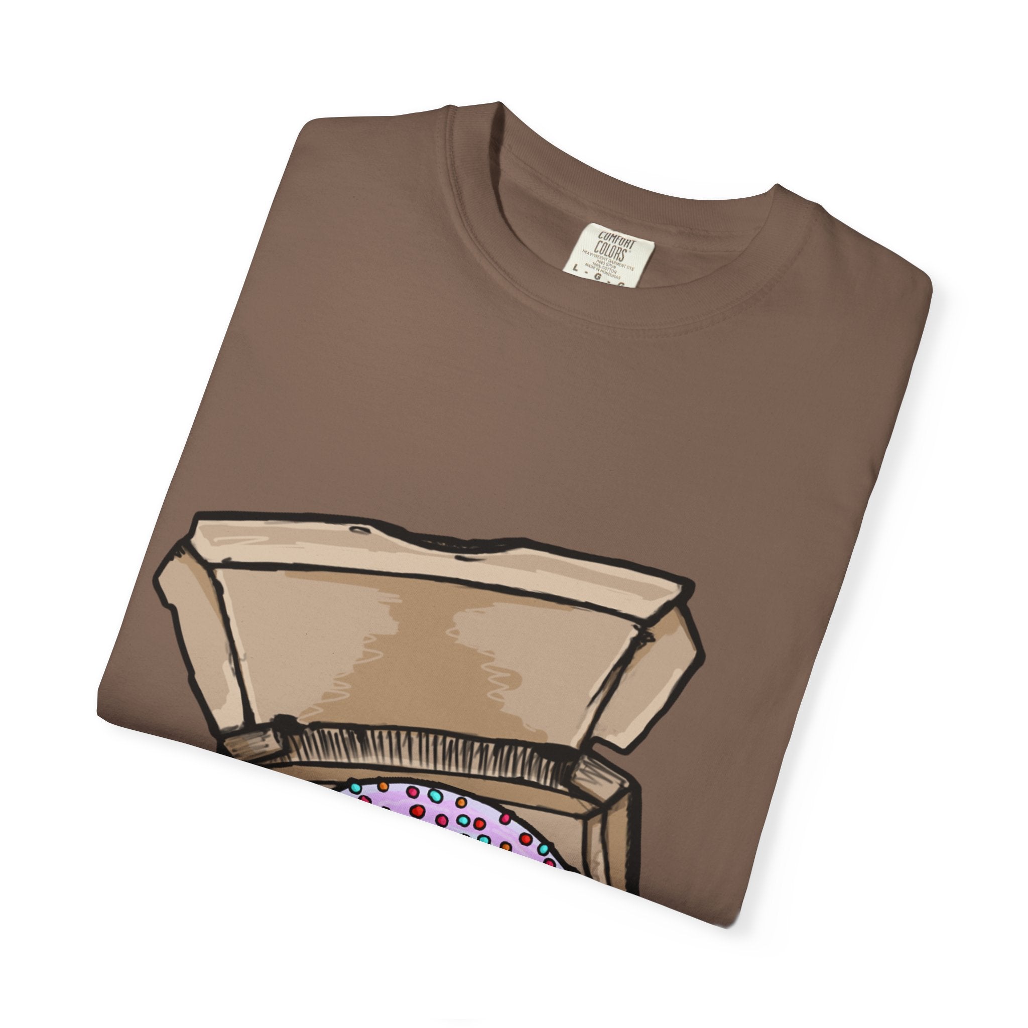 Hand-drawn rainbow donut pizza box t-shirt showing open pizza box with a colorful sprinkle donut from PizzaBytes collection

