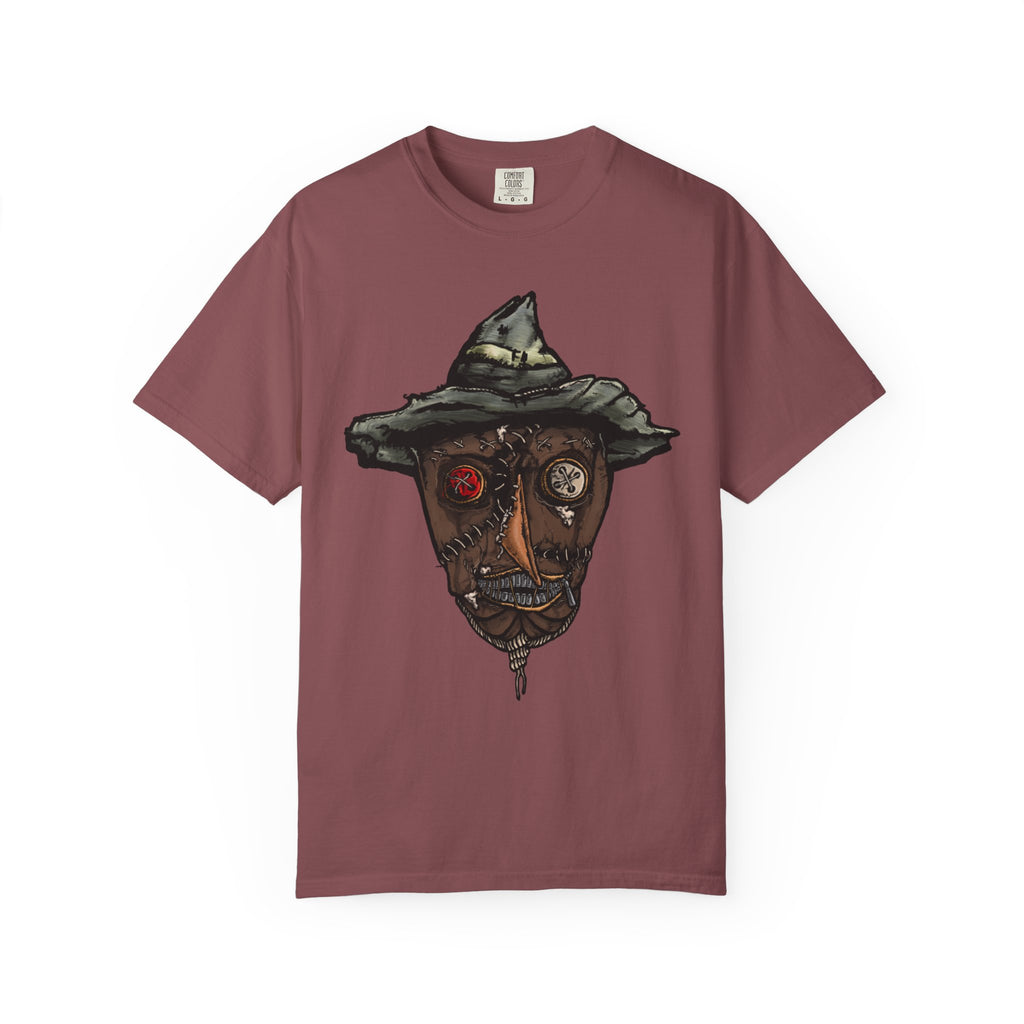 Freaky Features Scarecrow t-shirt, front shows creepy scarecrow head with witch hat and mismatched eyes, back shows open pizza box with lattice cherry pie
