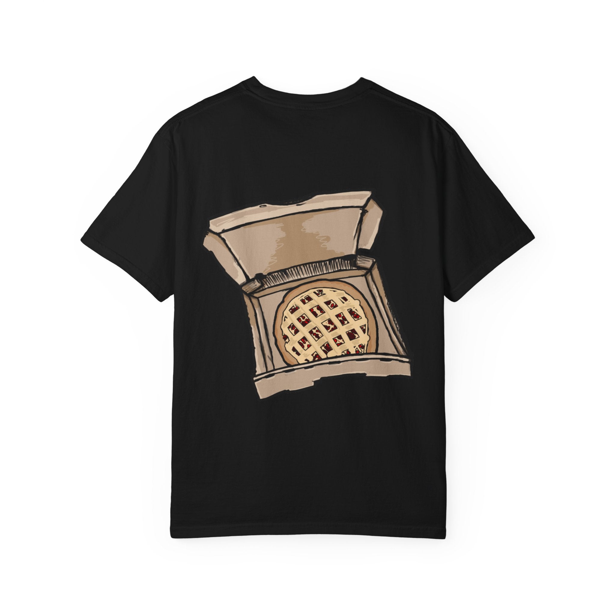 Freaky Features Scarecrow t-shirt, front shows creepy scarecrow head with witch hat and mismatched eyes, back shows open pizza box with lattice cherry pie
