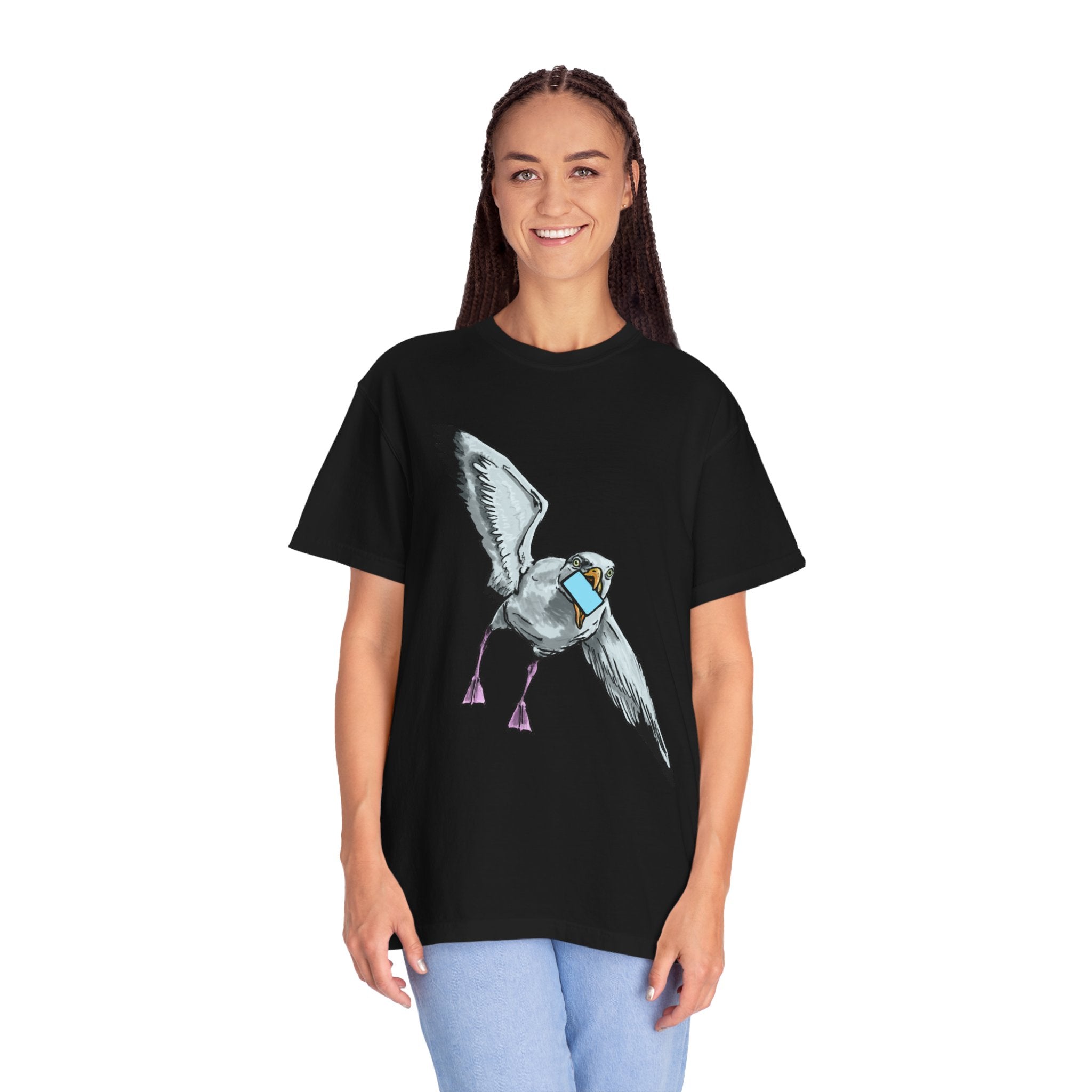 Hand-drawn pizza-stealing seagull monster t-shirt, outstretched wings and purple legs on tee from PizzaBytes collection